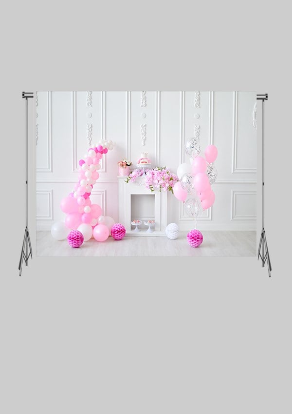 KATLANIR KIRIŞMAZ KUMAŞ - 2 EN 1.5 MT BOY - Beyaz Şömine ve Pembe Uçan Balonlar Kız Çocuk Kutlama Doğum Günü - FABRIC BACKDROP - Stüdyo Fonu