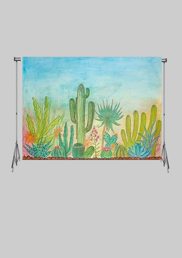 KATLANIR KIRIŞMAZ KUMAŞ - 2 EN 1.5 MT BOY - Pastel ve Kuruboyalı Kaktüsler- FABRIC BACKDROP - Stüdyo Fonu