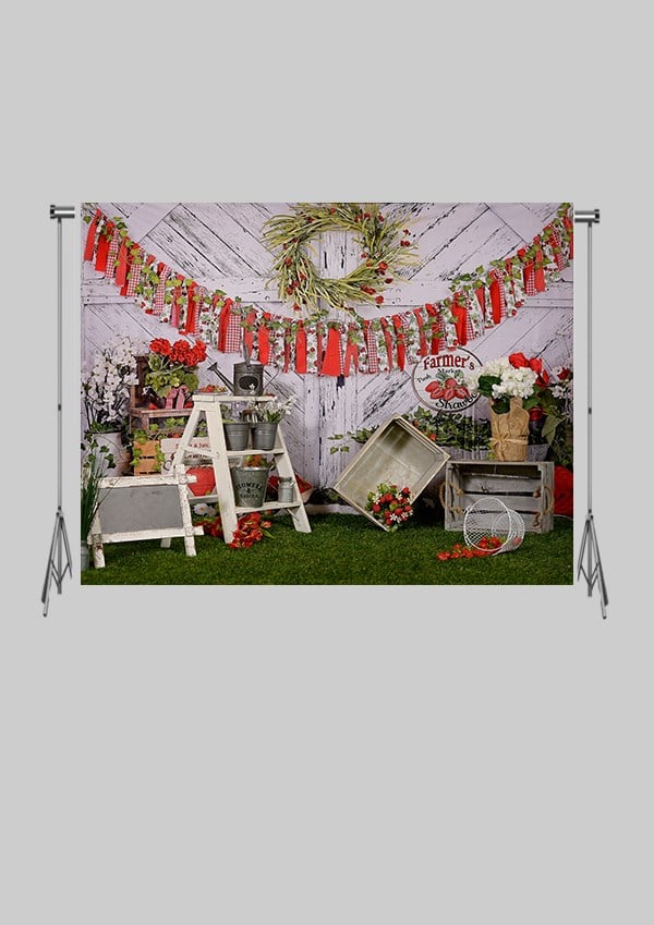 KATLANIR KIRIŞMAZ KUMAŞ - 2 EN 1.5 MT BOY - Çiftlik Kapısı Önü Saksılar ve Kutlama - FABRIC BACKDROP - Stüdyo Fonu