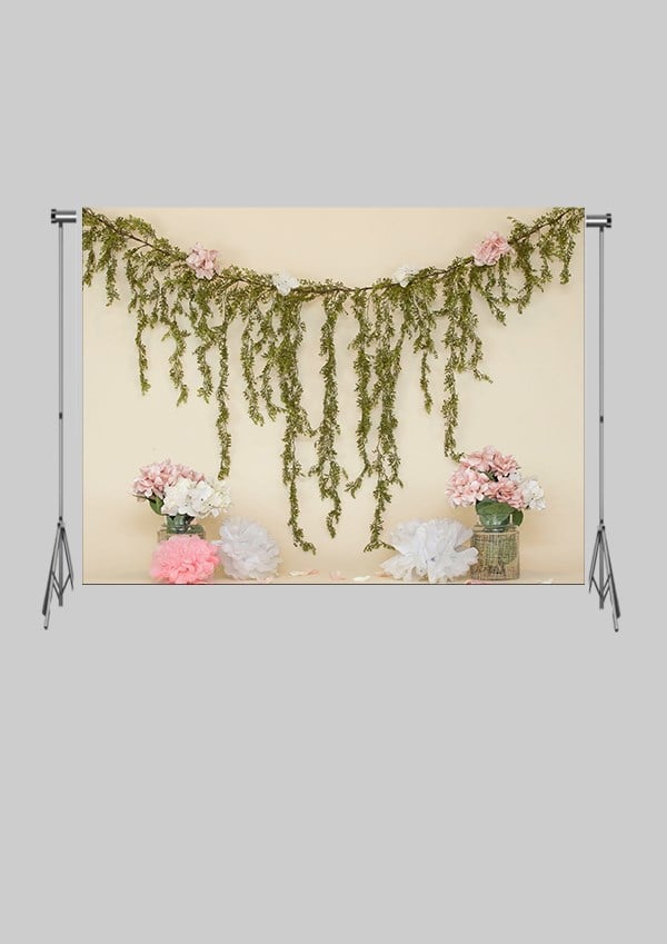 KATLANIR KIRIŞMAZ KUMAŞ - 2 EN 1.5 MT BOY - Düz Krem Rengi Üzeriine Bahar Çiçekleri   - FABRIC BACKDROP - Stüdyo Fonu