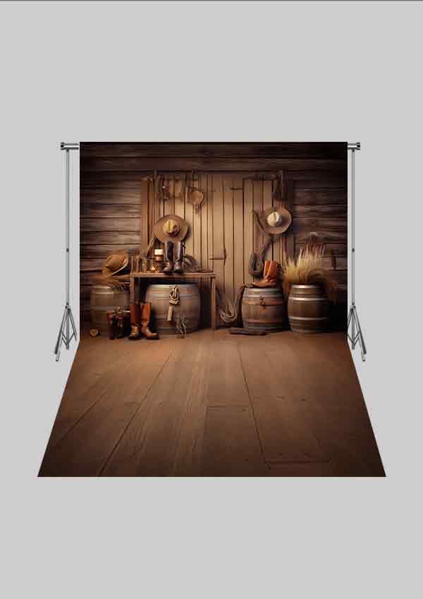 Kovboy Temalı - Hasır Şapkalar ve Botlar  05 Üç Boyutlu Çocuk Kumaş Fotoğraf Fonu - Fabric Photography Backdrop ( 2X2,5 MT)
