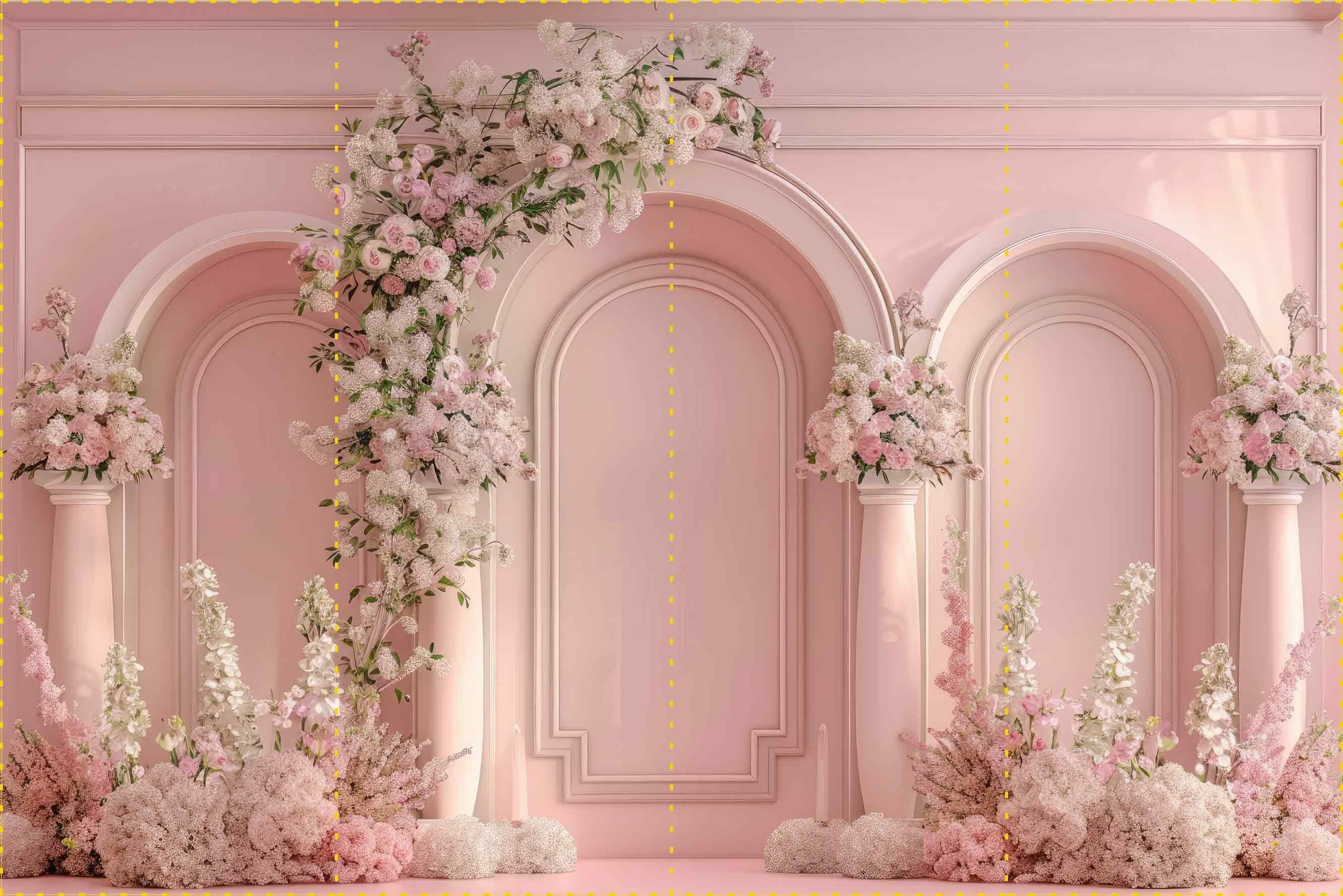 Lüks Pembe Sütunlar ve  Pembe Çiçekler - Organizasyon ve Fotoğraf Fonu  - Katlanır Kırışmaz Kumaş - Üç Boyutlu Fotoğraf Fonu - Fabric Backdrop
