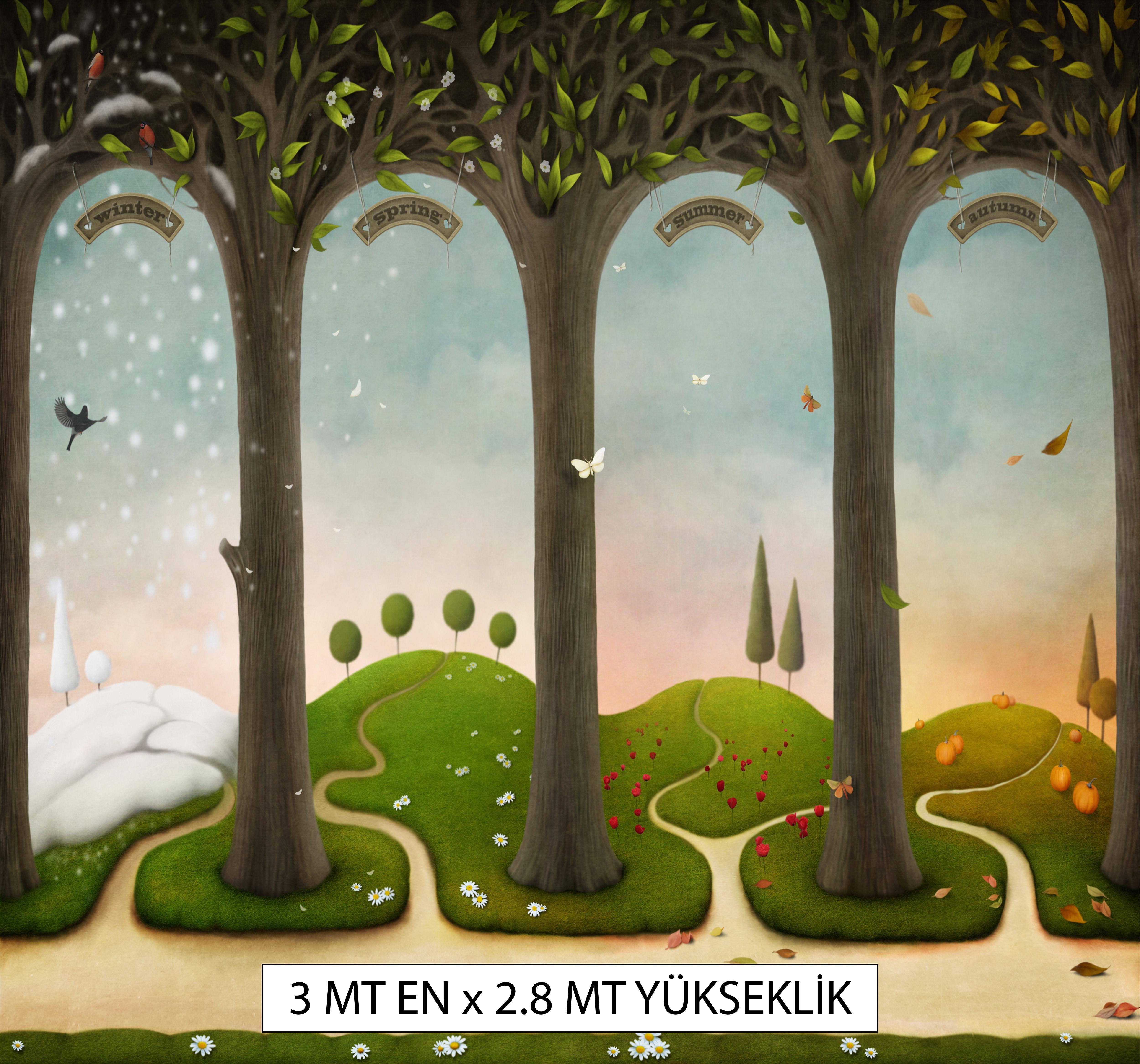 Mevsimler Temalı - Çocuk Odası Tek Parça Duvar Tekstili 