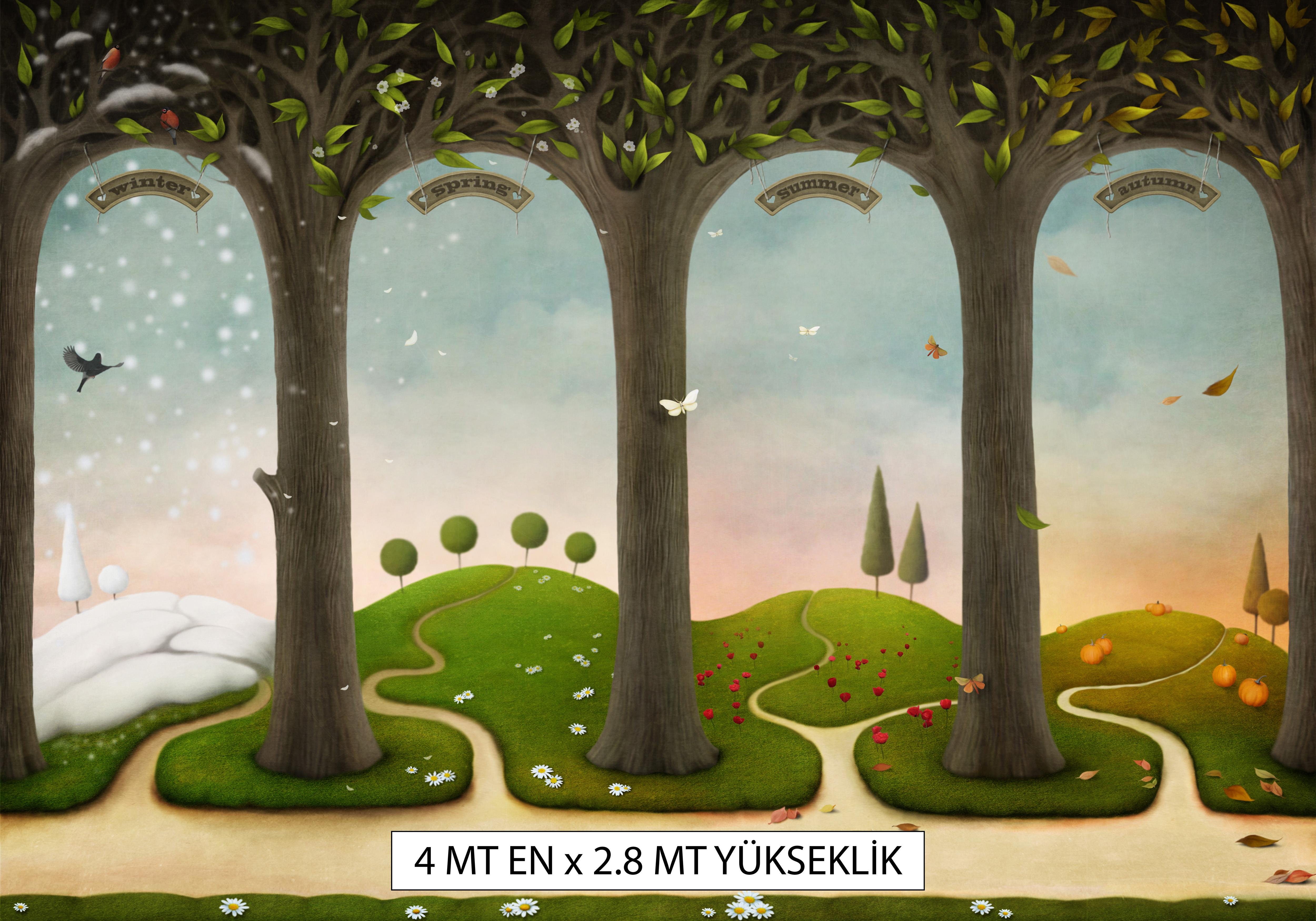 Mevsimler Temalı - Çocuk Odası Tek Parça Duvar Tekstili 