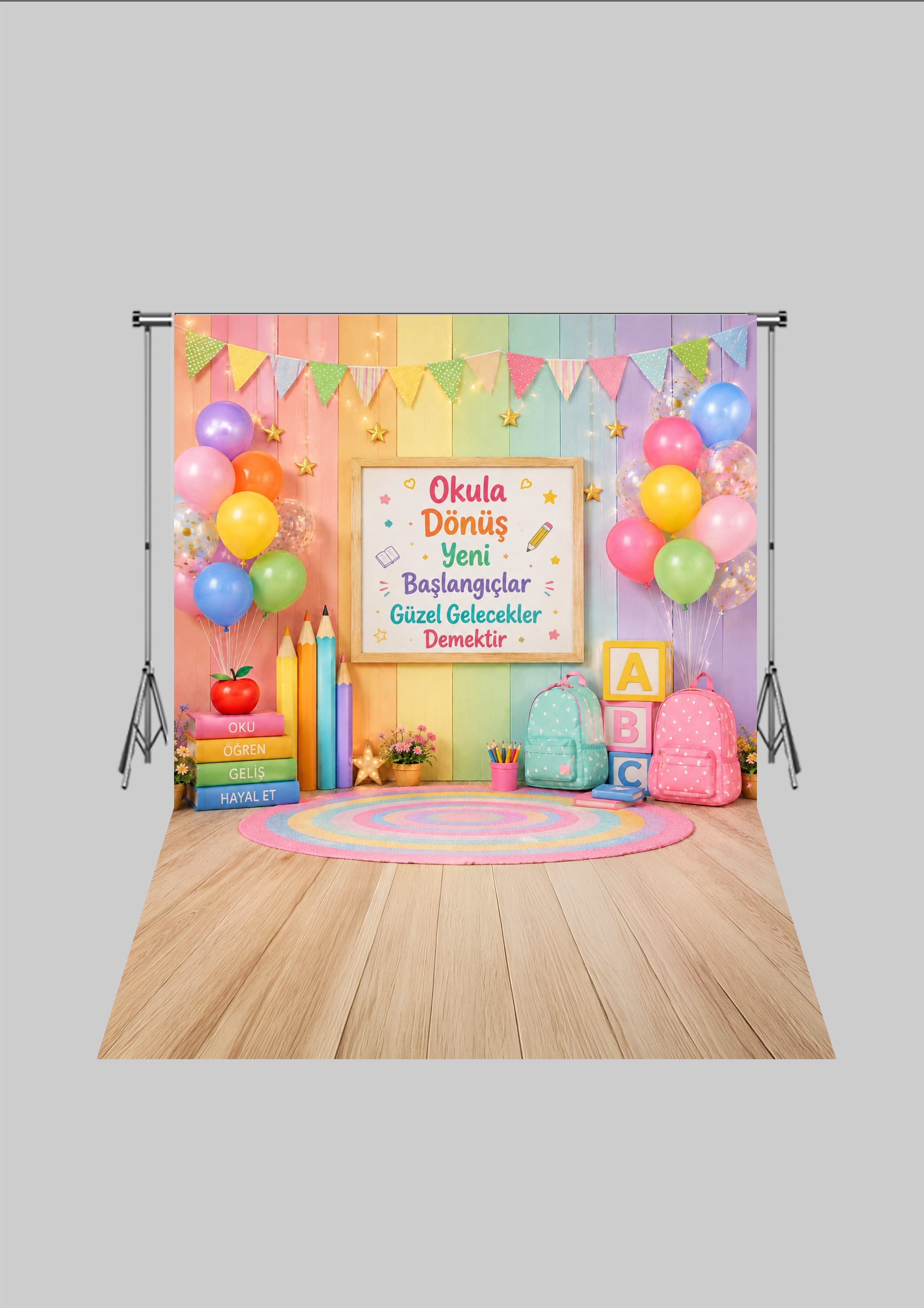 Okul Temalı  - Okula Dönüş - Üç Boyutlu Çocuk Kumaş Fotoğraf Fonu - Fabric Photography Backdrop ( 2X2,5 MT)