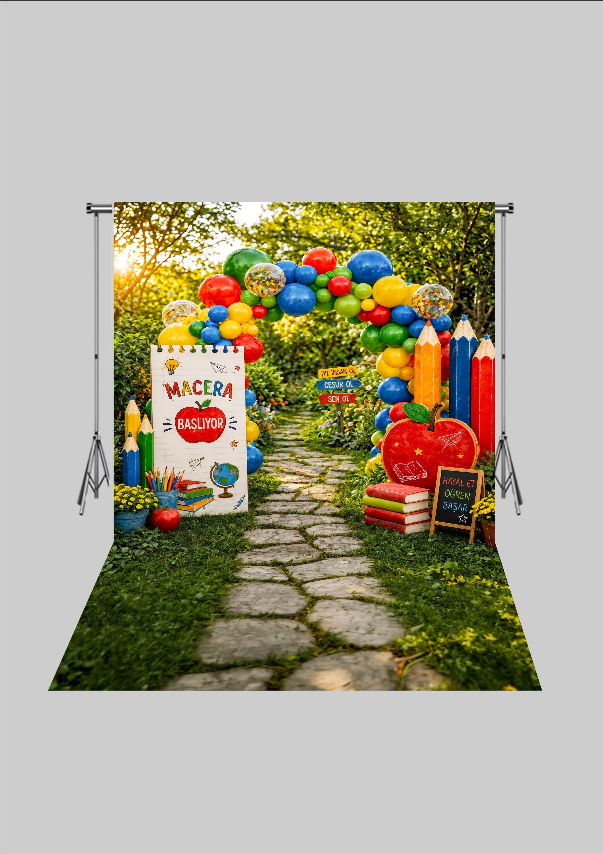 Okul Temalı  - Okulun İlk Günü 3 - Üç Boyutlu Çocuk Kumaş Fotoğraf Fonu - Fabric Photography Backdrop ( 2X2,5 MT)
