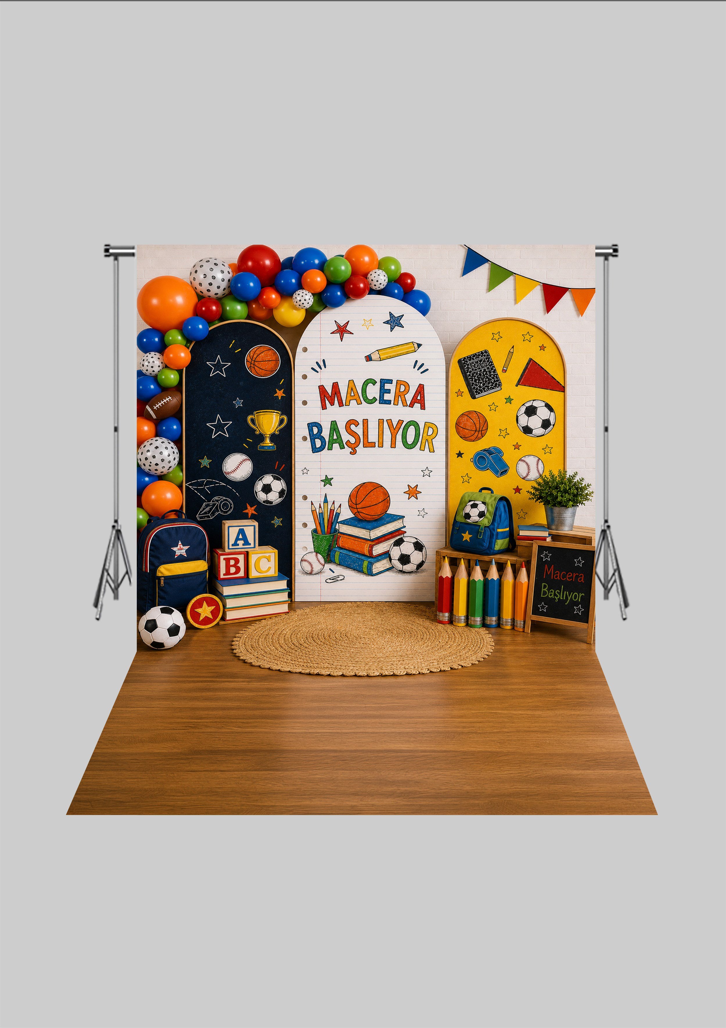 Okul Temalı  - Okulun İlk Günü 4 - Üç Boyutlu Çocuk Kumaş Fotoğraf Fonu - Fabric Photography Backdrop ( 2X2,5 MT)