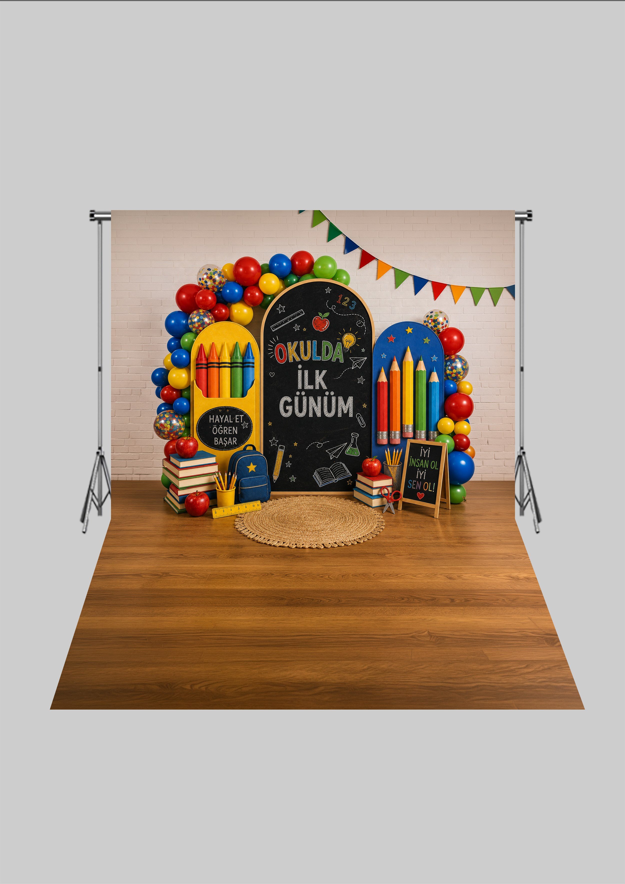 Okul Temalı - Okulun İlk Günü - Üç Boyutlu Çocuk Kumaş Fotoğraf Fonu - Fabric Photography Backdrop ( 2X2,5 MT)