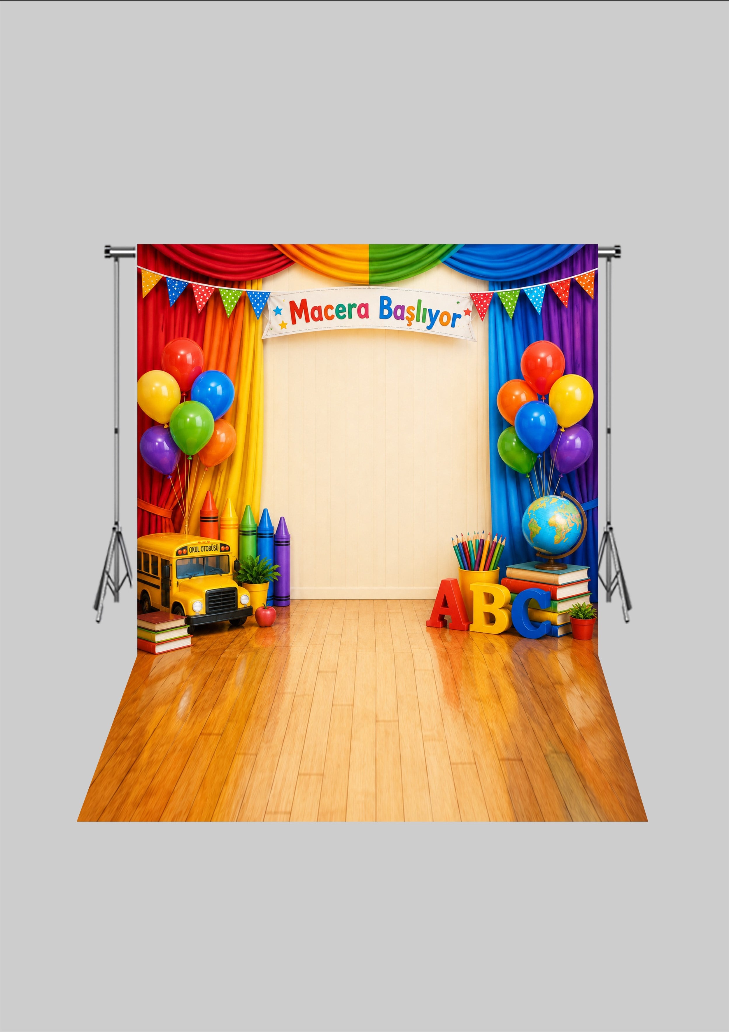 Okul Temalı  - Okulun İlk Günü - Üç Boyutlu Çocuk Kumaş Fotoğraf Fonu - Fabric Photography Backdrop ( 2X2,5 MT)