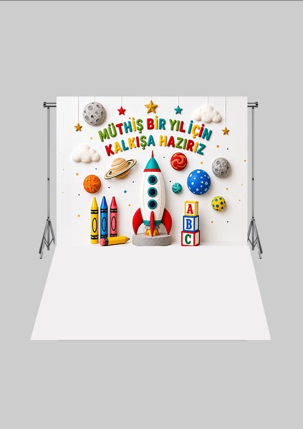 Okul Temalı  - Uzay Temalı Okul 2 - Üç Boyutlu Çocuk Kumaş Fotoğraf Fonu - Fabric Photography Backdrop ( 2X2,5 MT)