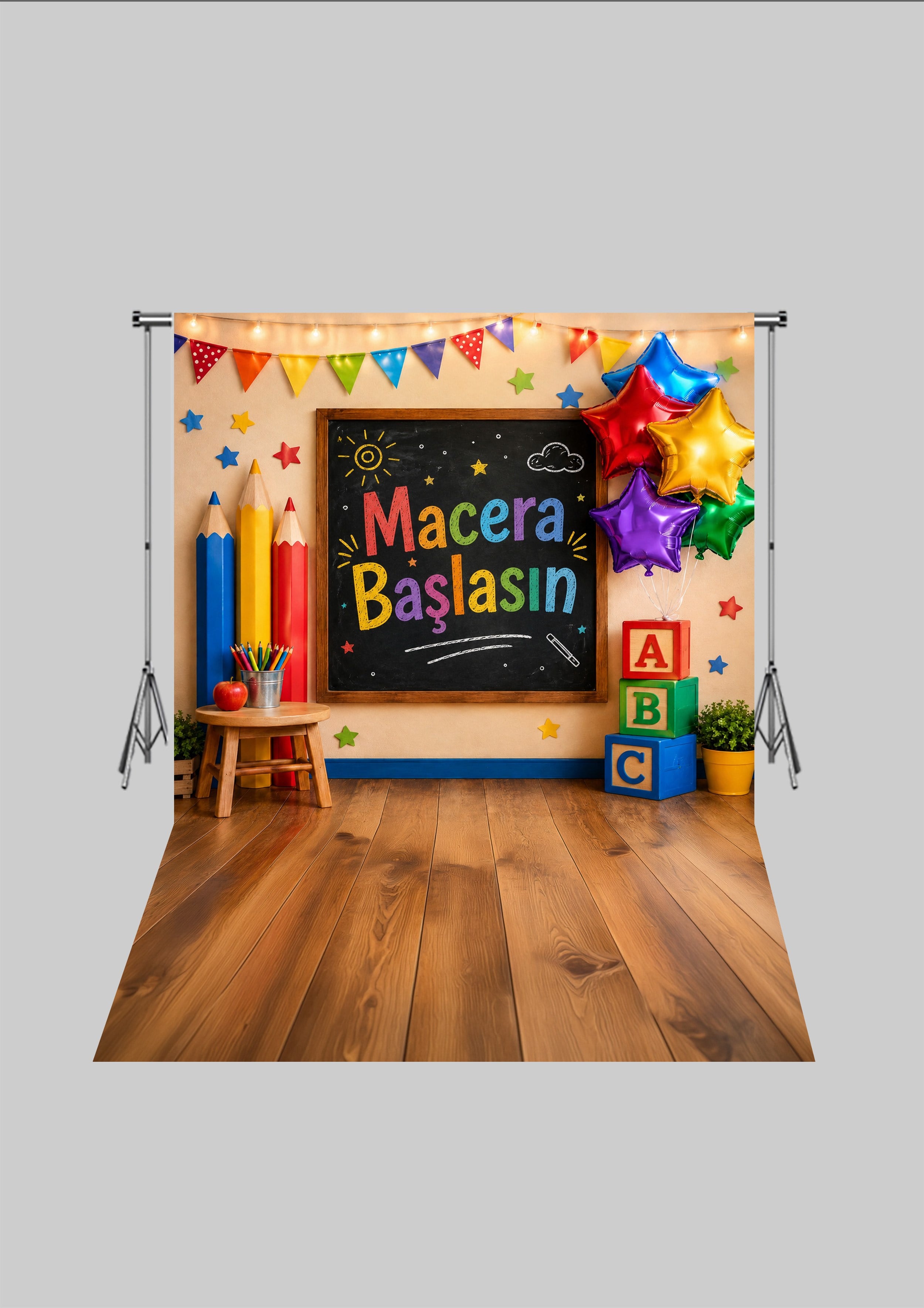 Okul Temalı  - Yeni Yıl Macerası - Üç Boyutlu Çocuk Kumaş Fotoğraf Fonu - Fabric Photography Backdrop ( 2X2,5 MT)