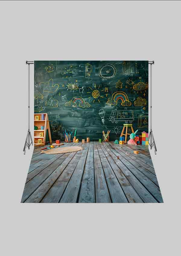 Okul ve Sınıf Temalı 15 - Dünya ve Kitaplık  - Üç Boyutlu Çocuk Kumaş Fotoğraf Fonu - Fabric Photography Backdrop ( 2X2,5 MT)