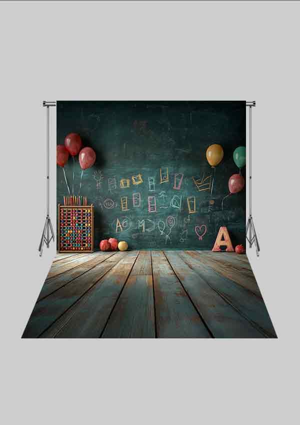 Okul ve Sınıf Temalı 21 - Dünya ve Kitaplık  - Üç Boyutlu Çocuk Kumaş Fotoğraf Fonu - Fabric Photography Backdrop ( 2X2,5 MT)