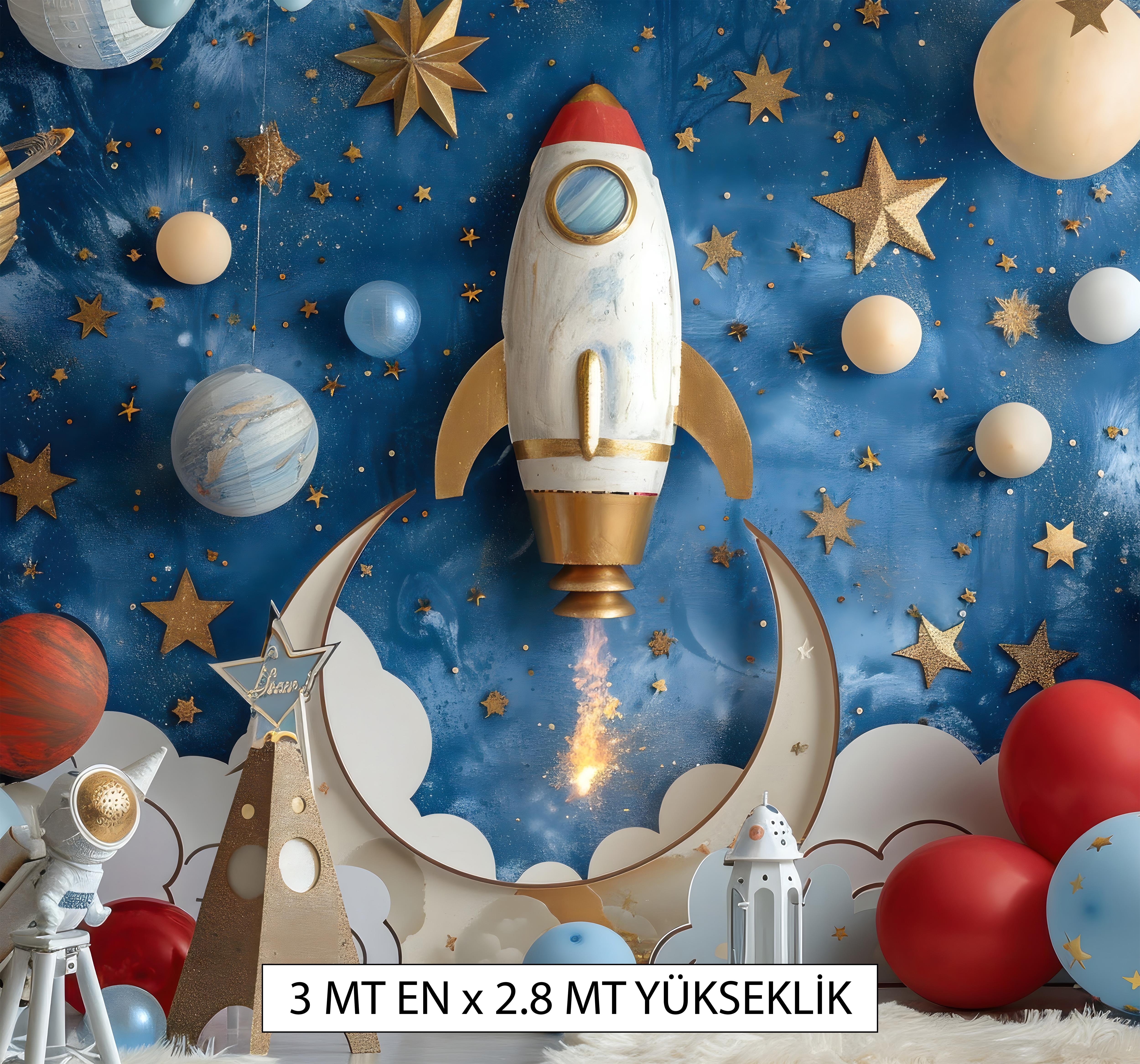 Uzay Temalı - Astronot - Çocuk Odası Tek Parça Duvar Tekstili 