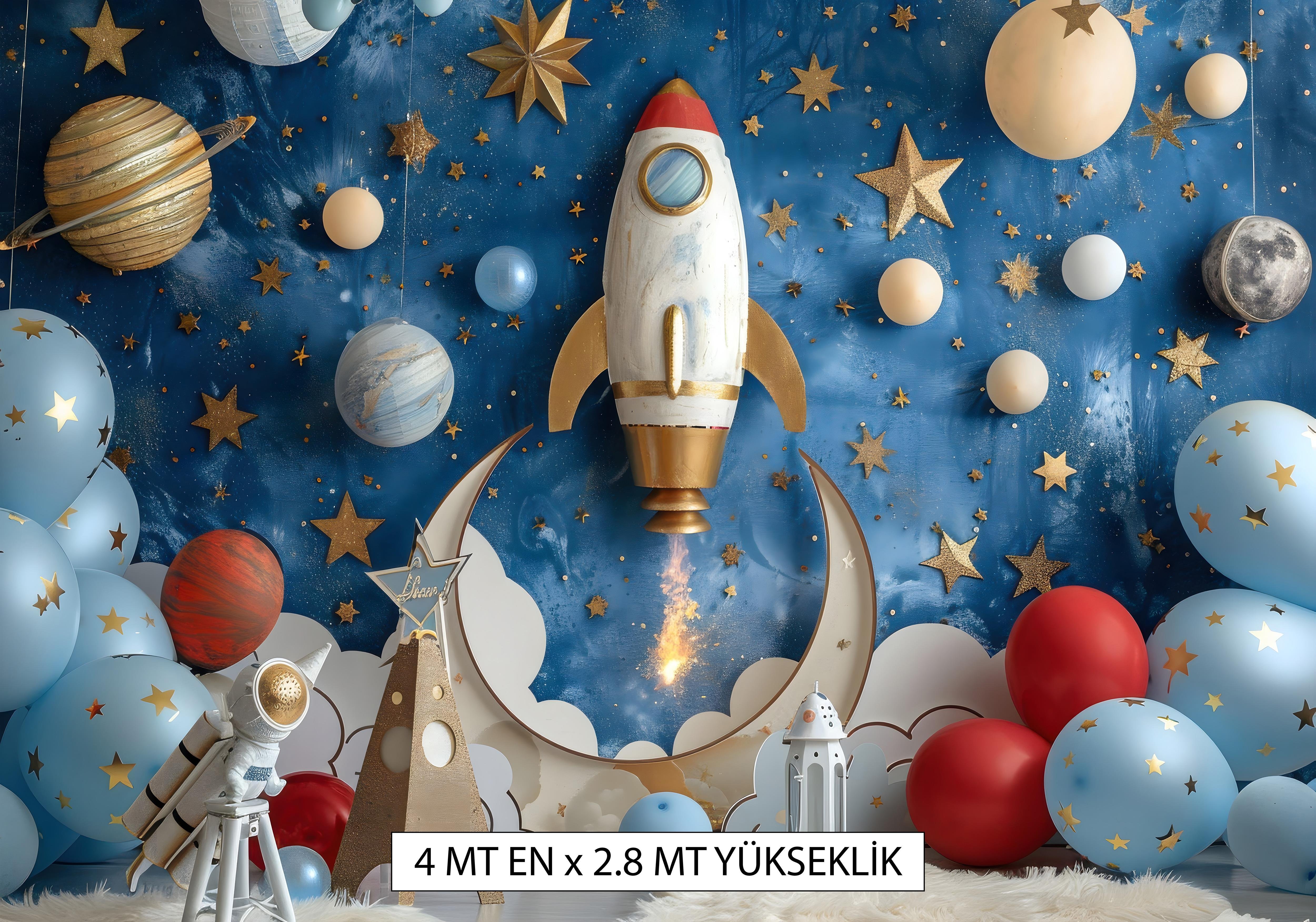 Uzay Temalı - Astronot - Çocuk Odası Tek Parça Duvar Tekstili 