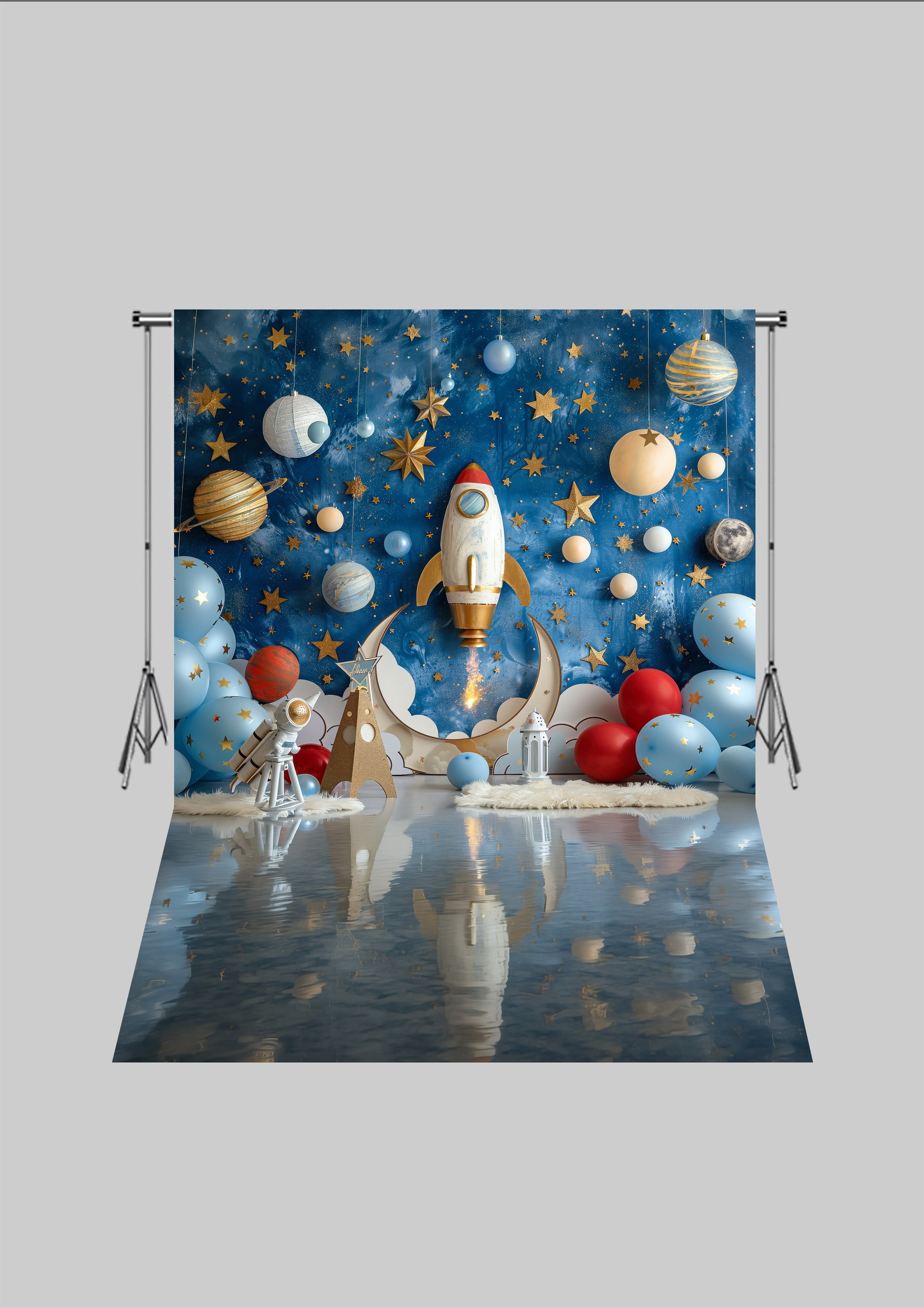 Uzay Temalı  - Uzay İstasyonu ve Gezegenler - Üç Boyutlu Çocuk Kumaş Fotoğraf Fonu - Fabric Photography Backdrop ( 2X2,5 MT)