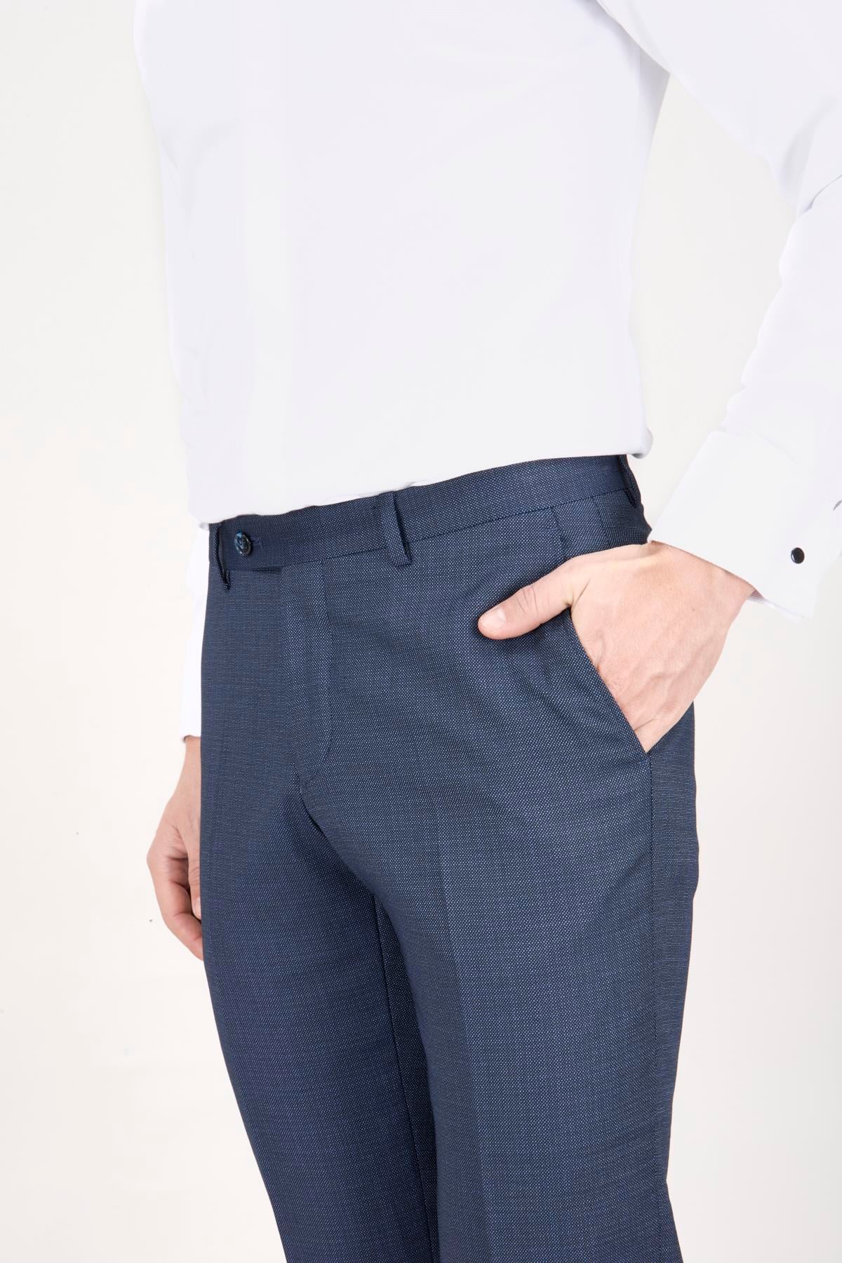 Erkek Slim Fit Damatlık Smokin Saten Sivri Yaka Lacivert Yelekli Takım Elbise 