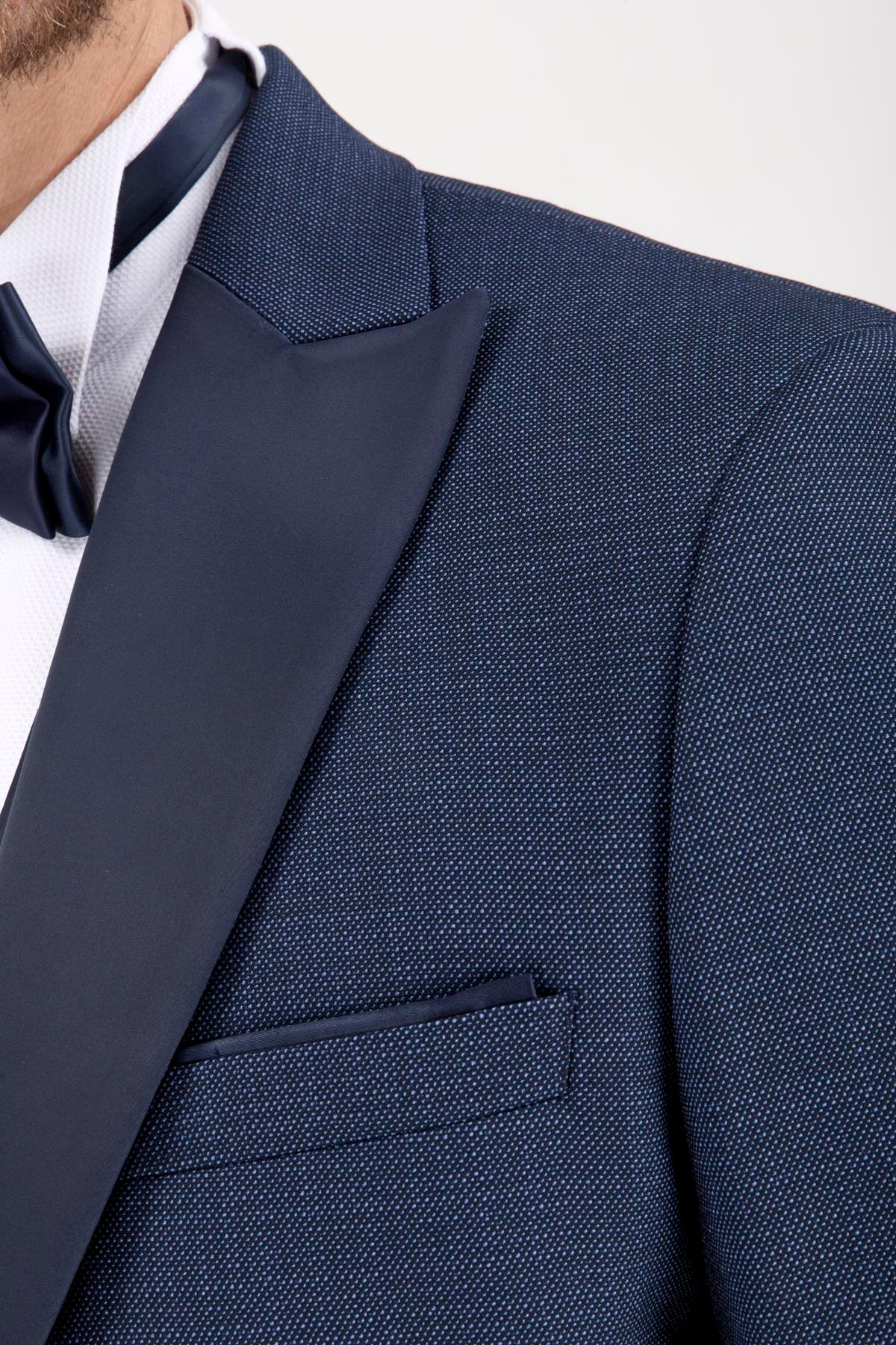 Erkek Slim Fit Damatlık Smokin Saten Sivri Yaka Lacivert Yelekli Takım Elbise 