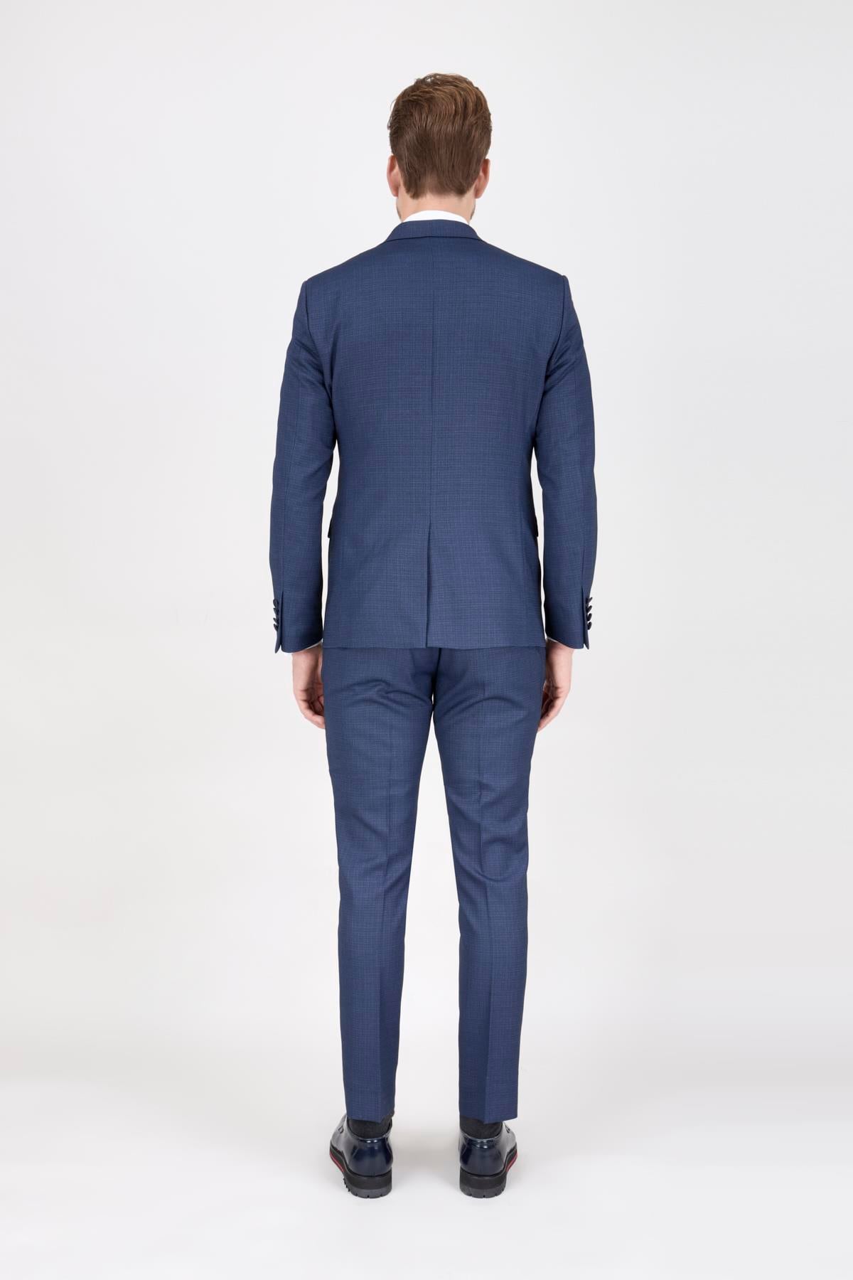 Erkek Slim Fit Damatlık Smokin Saten Sivri Yaka Lacivert Yelekli Takım Elbise 