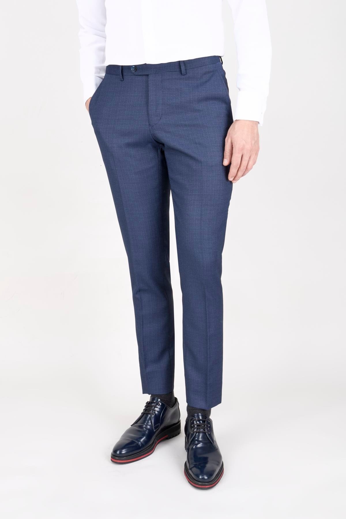 Erkek Slim Fit Damatlık Smokin Saten Sivri Yaka Lacivert Yelekli Takım Elbise 