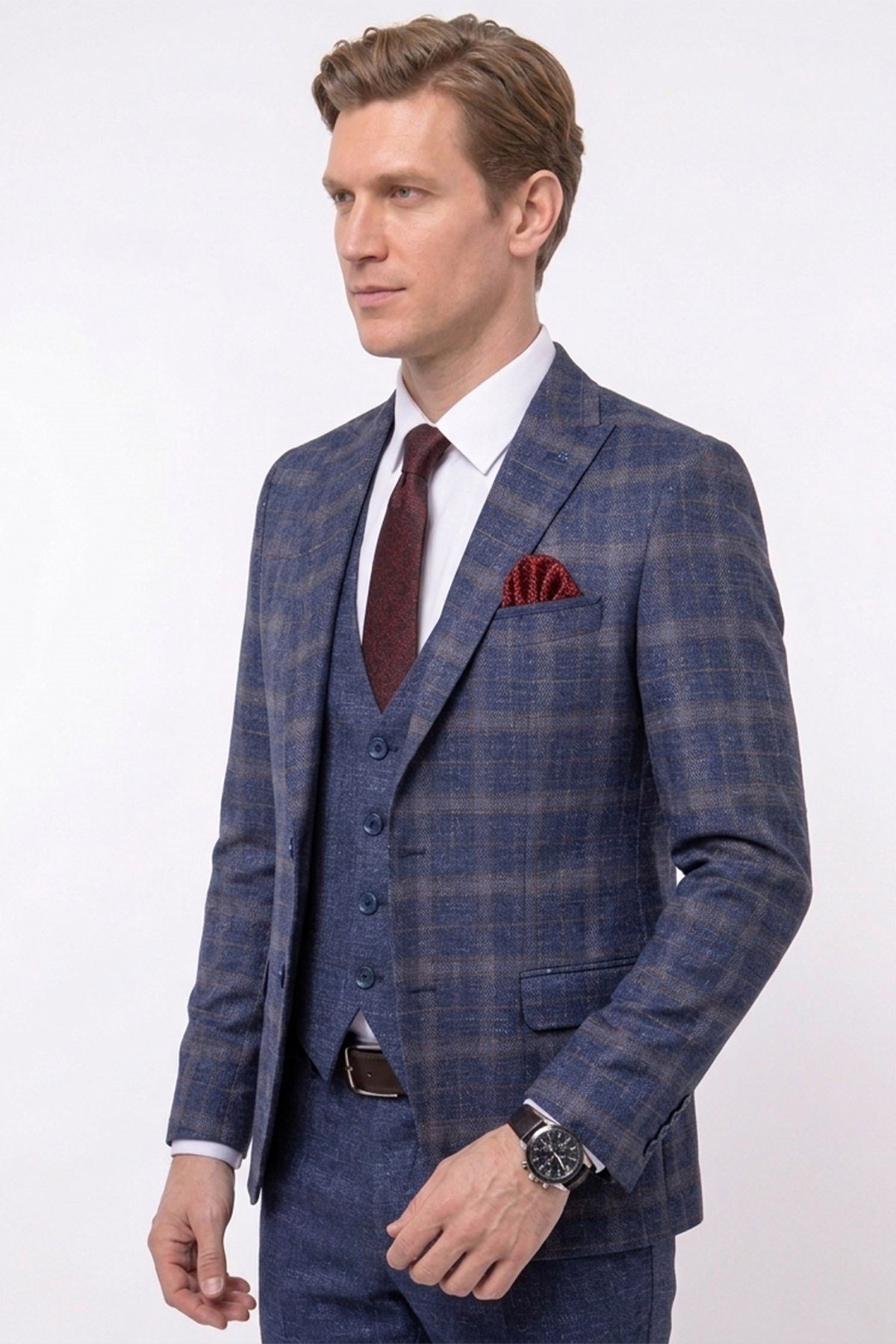 Erkek Slim Fit Sivri Yaka Açık Lacivert Ekose Kombin Yelekli Takım Elbise