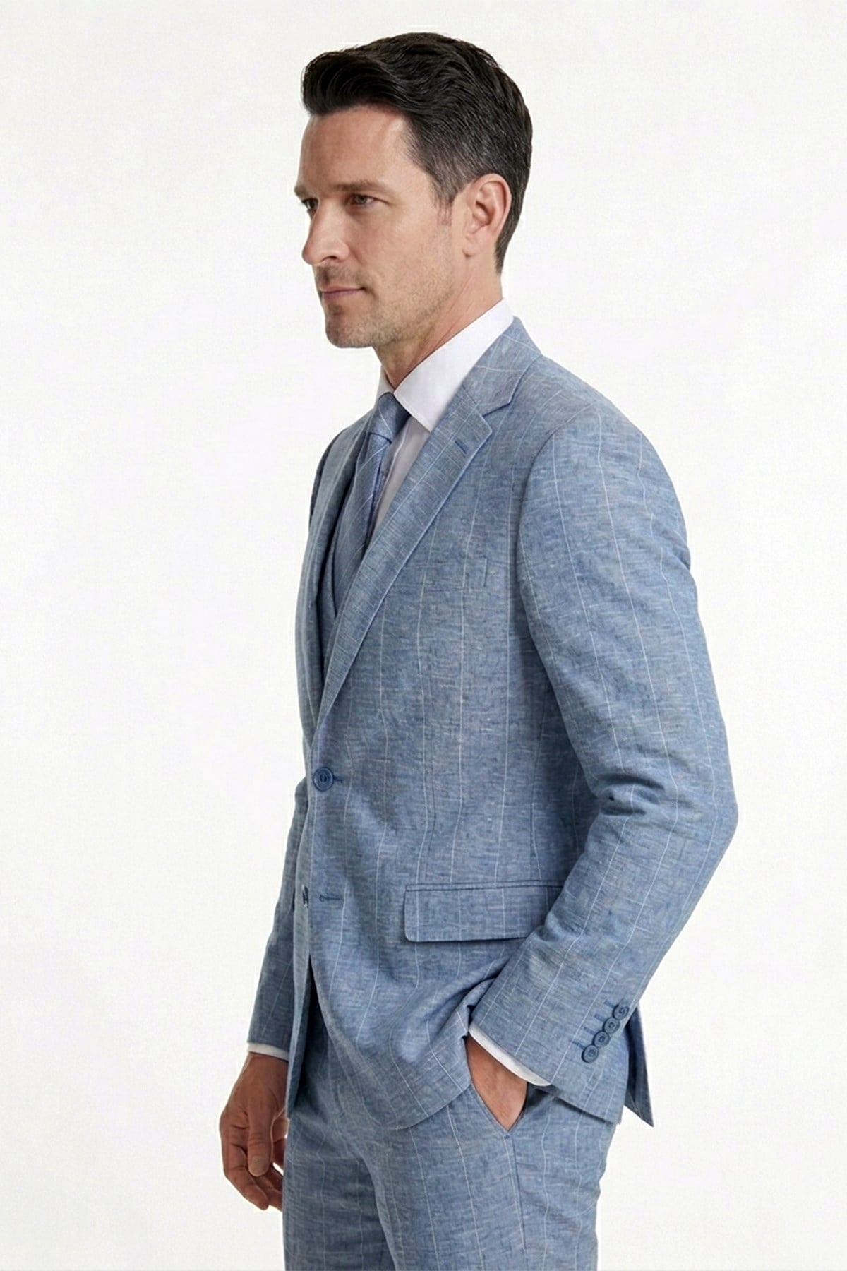 Erkek Slim Fit Sivri Yaka Açık Mavi Çizgili Yelekli Takım Elbise