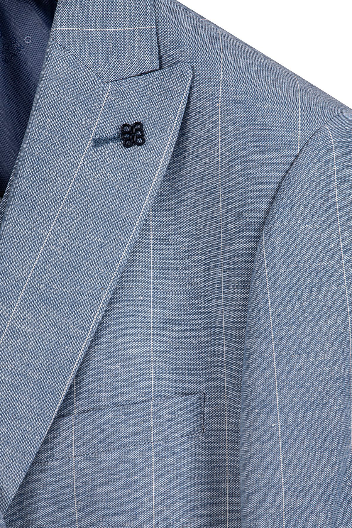 Erkek Slim Fit Sivri Yaka Açık Mavi Çizgili Yelekli Takım Elbise
