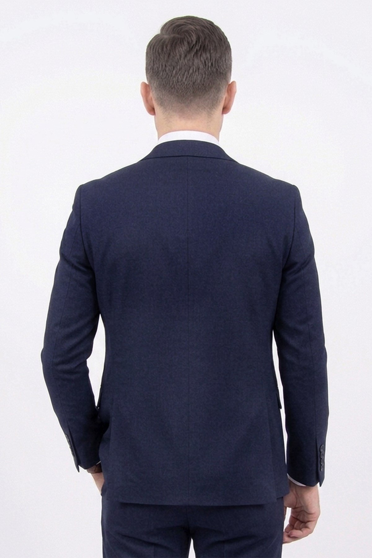 Erkek Slim Fit Sivri Yaka Lacivert Yelekli Takım Elbise