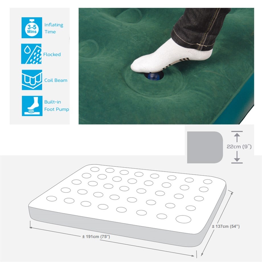 Jilong 26087 Flocked Entegre Pompalı Yeşil Çift Kişilik Şişme Yatak