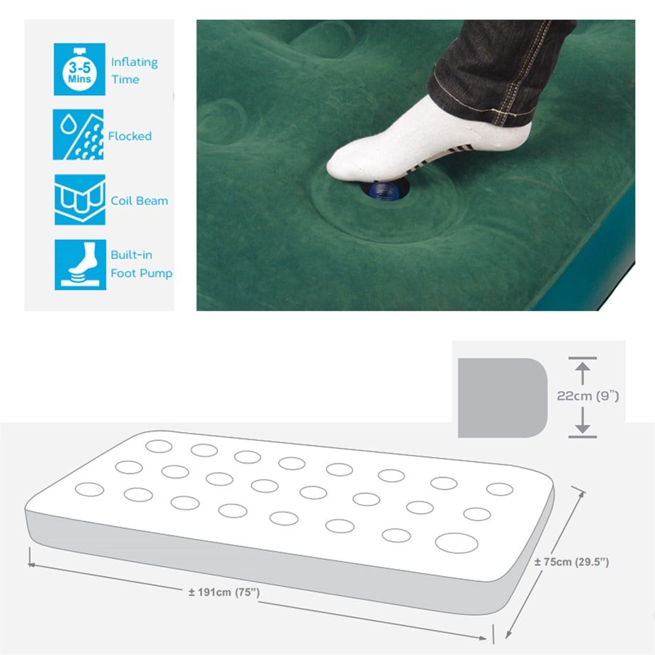 Jilong 27238 Flocked Entegre Pompalı Yeşil Tek Kişilik Şişme Yatak