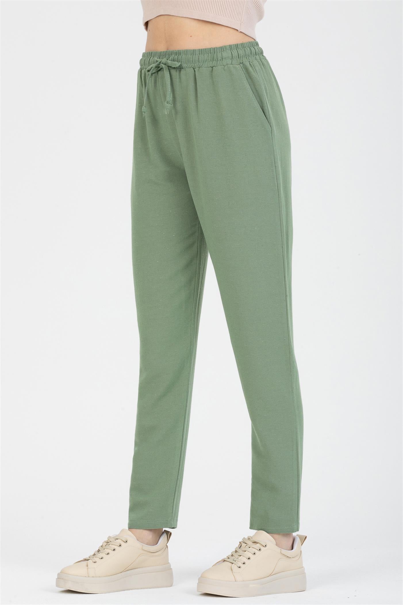 Bağcıklı Yüksek Bel Cepli Keten Pantolon - Mint Yeşil