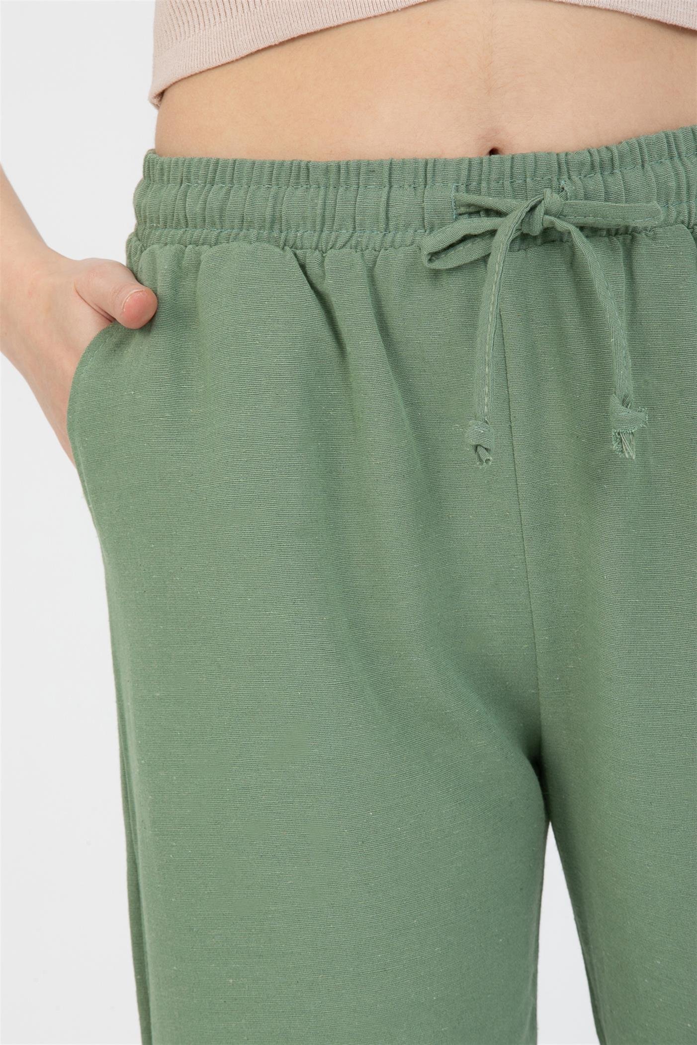Bağcıklı Yüksek Bel Cepli Keten Pantolon - Mint Yeşil