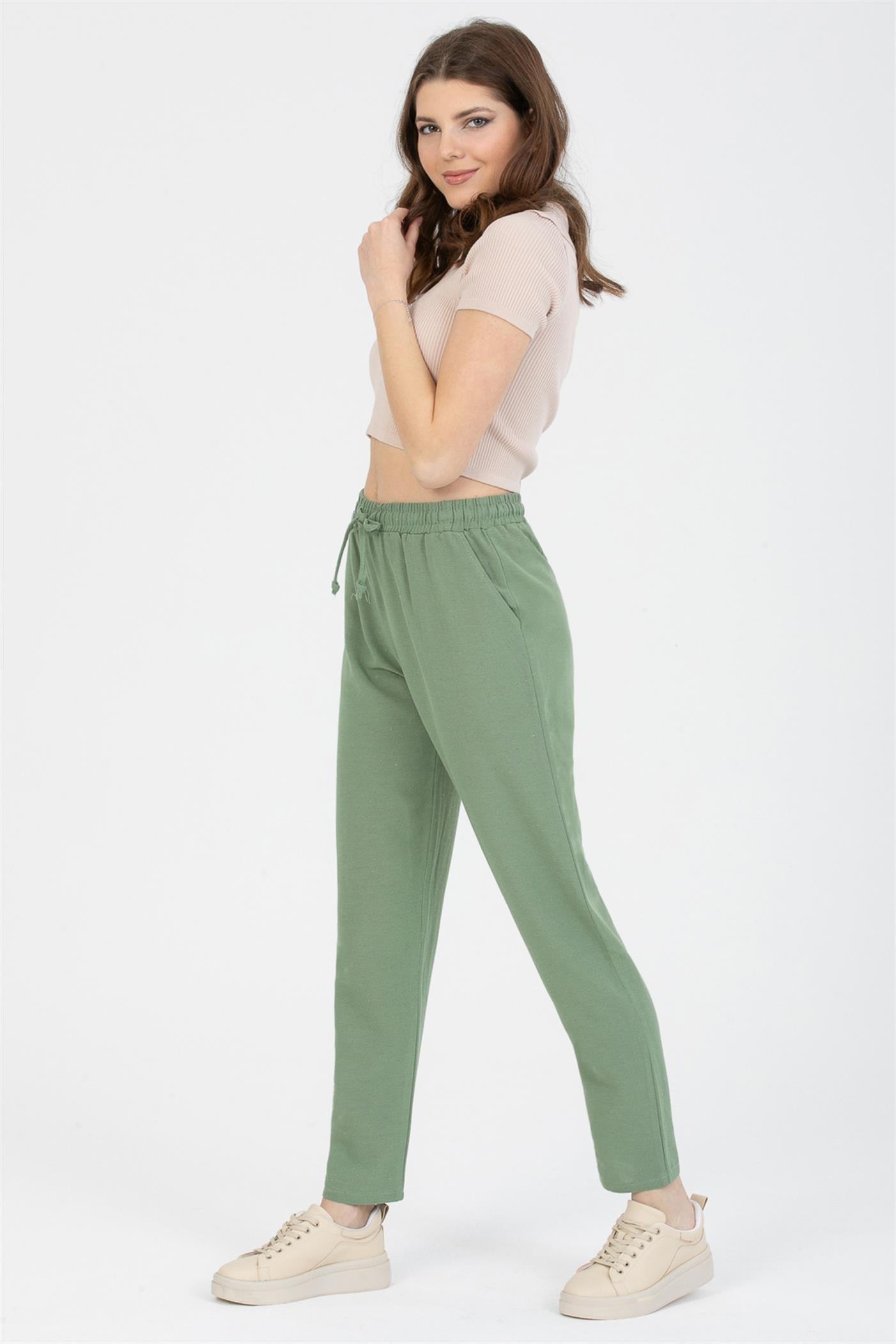 Bağcıklı Yüksek Bel Cepli Keten Pantolon - Mint Yeşil