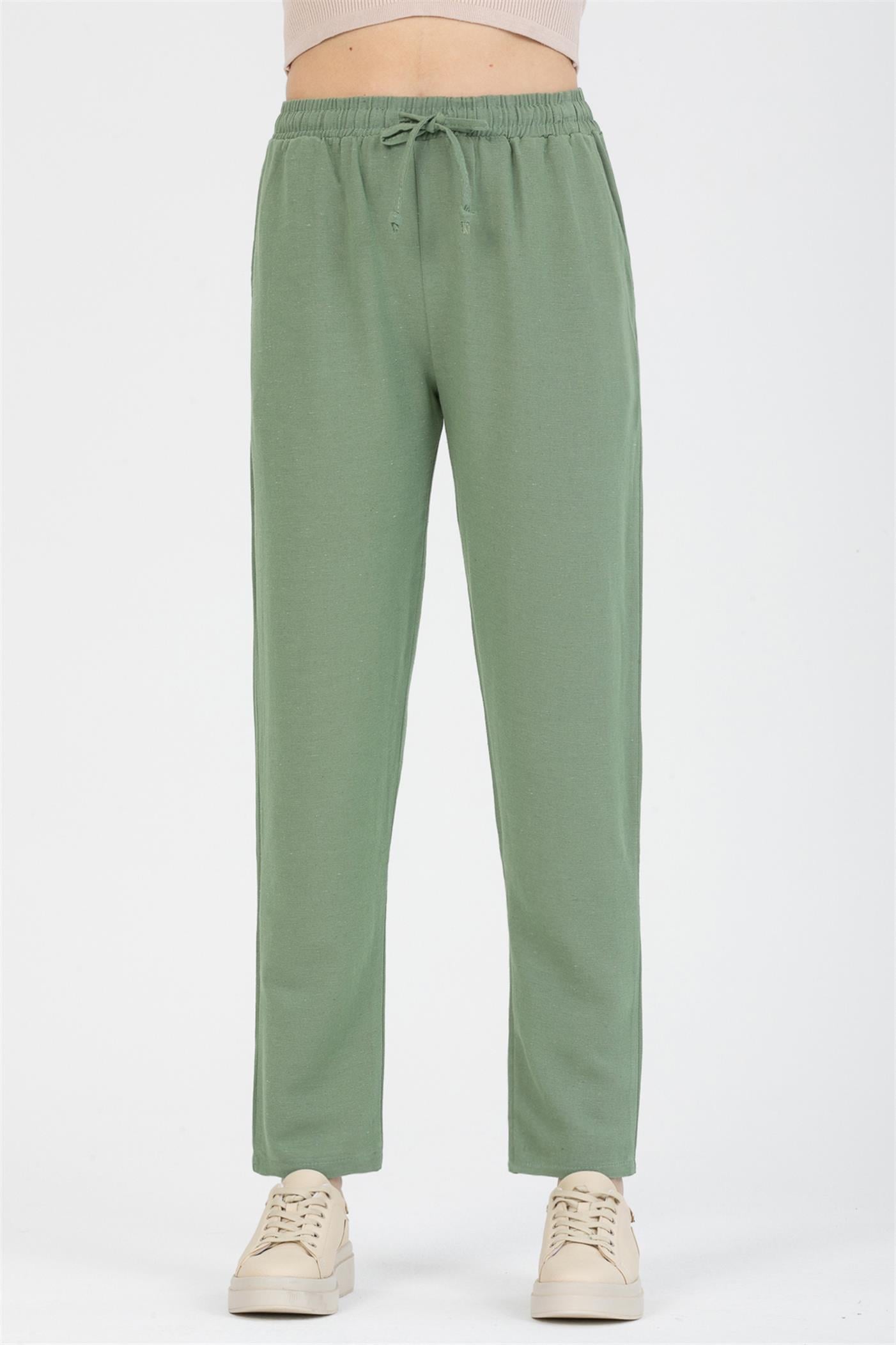 Bağcıklı Yüksek Bel Cepli Keten Pantolon - Mint Yeşil