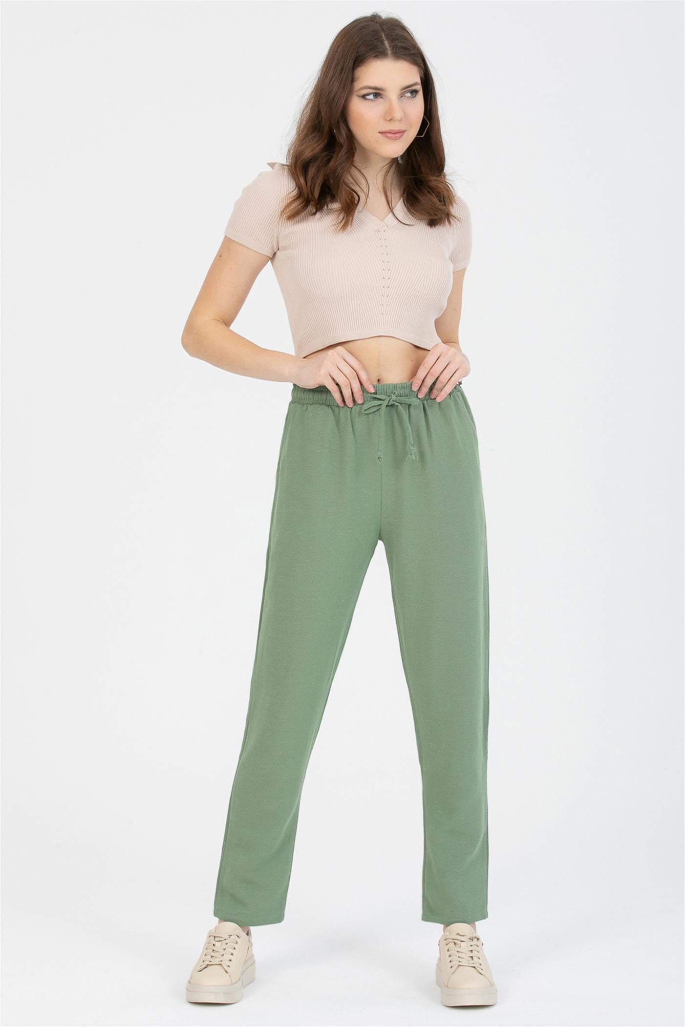 Bağcıklı Yüksek Bel Cepli Keten Pantolon - Mint Yeşil
