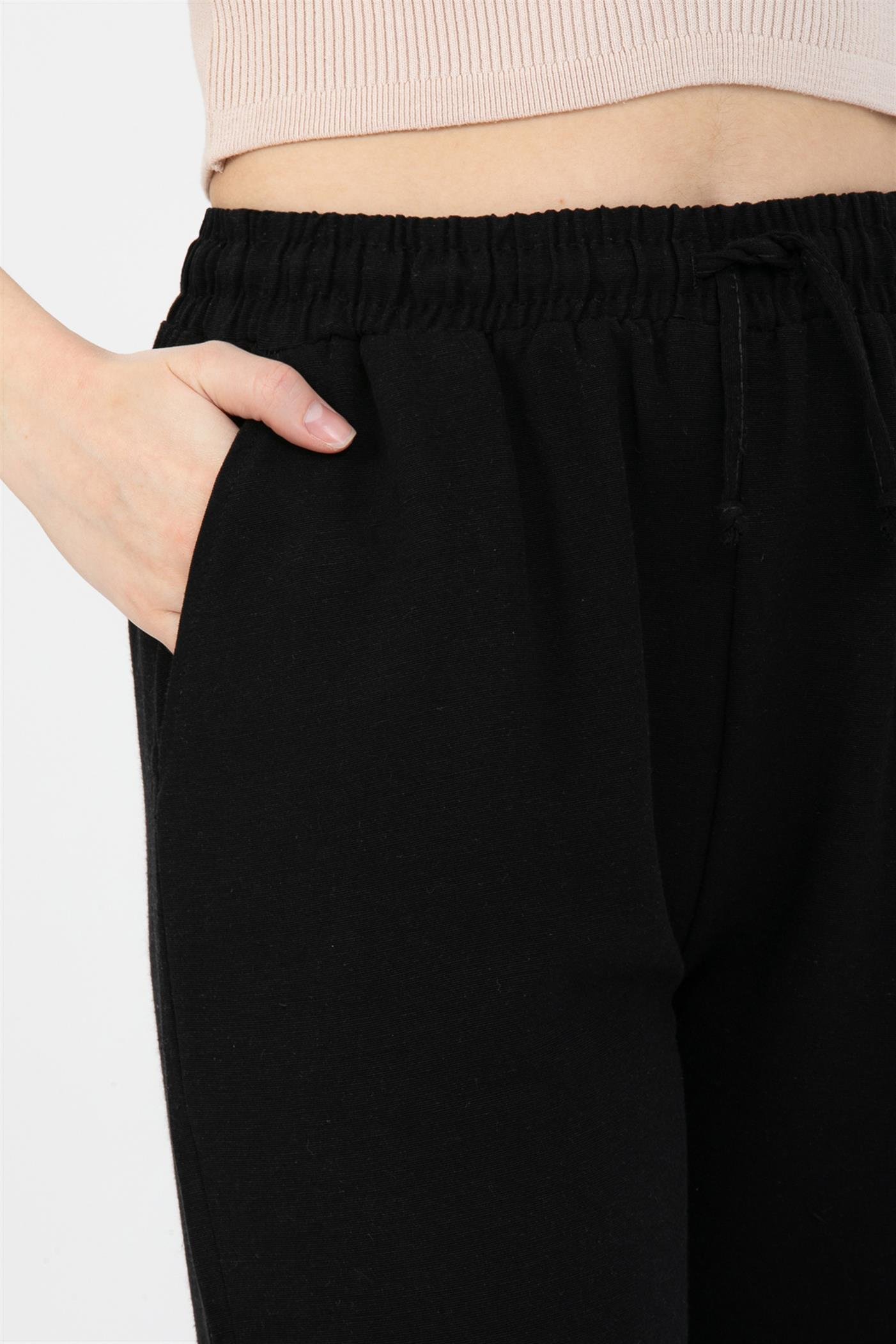 Bağcıklı Yüksek Bel Cepli Keten Pantolon - Siyah