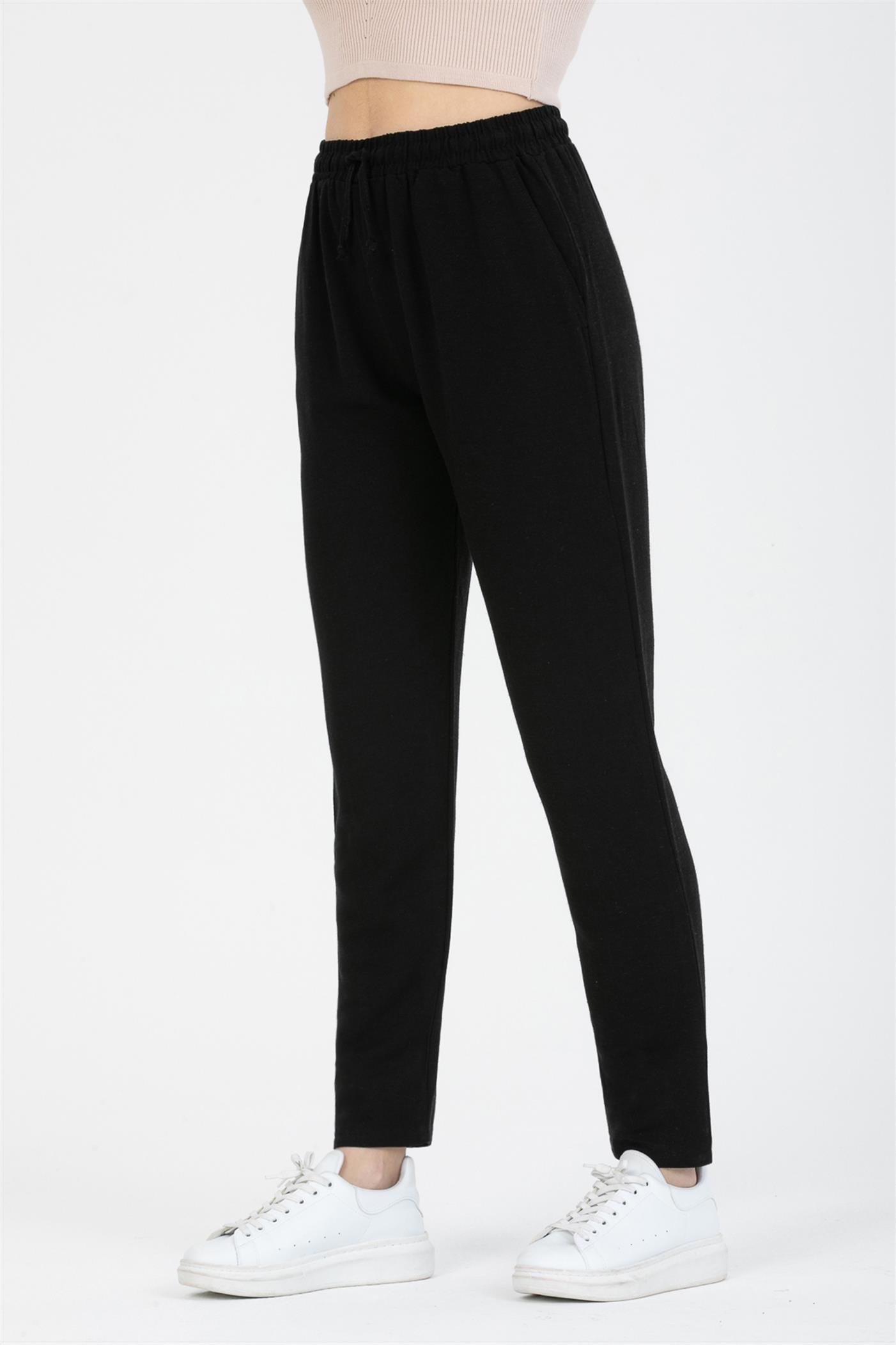 Bağcıklı Yüksek Bel Cepli Keten Pantolon - Siyah