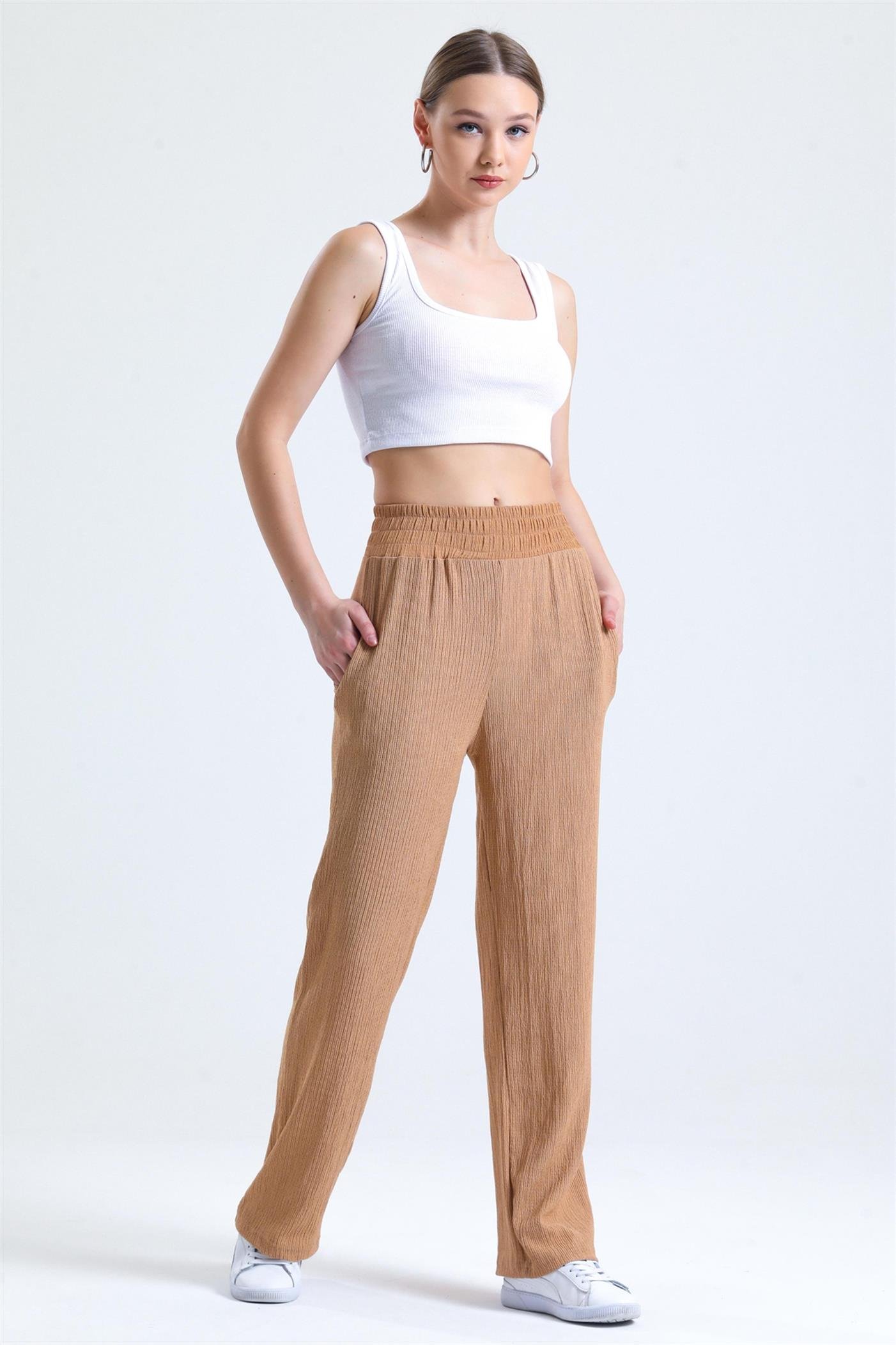 Bel Lastikli Gofre Yüksek Bel Salaş Palazzo Pantolon - Sütlü Kahve