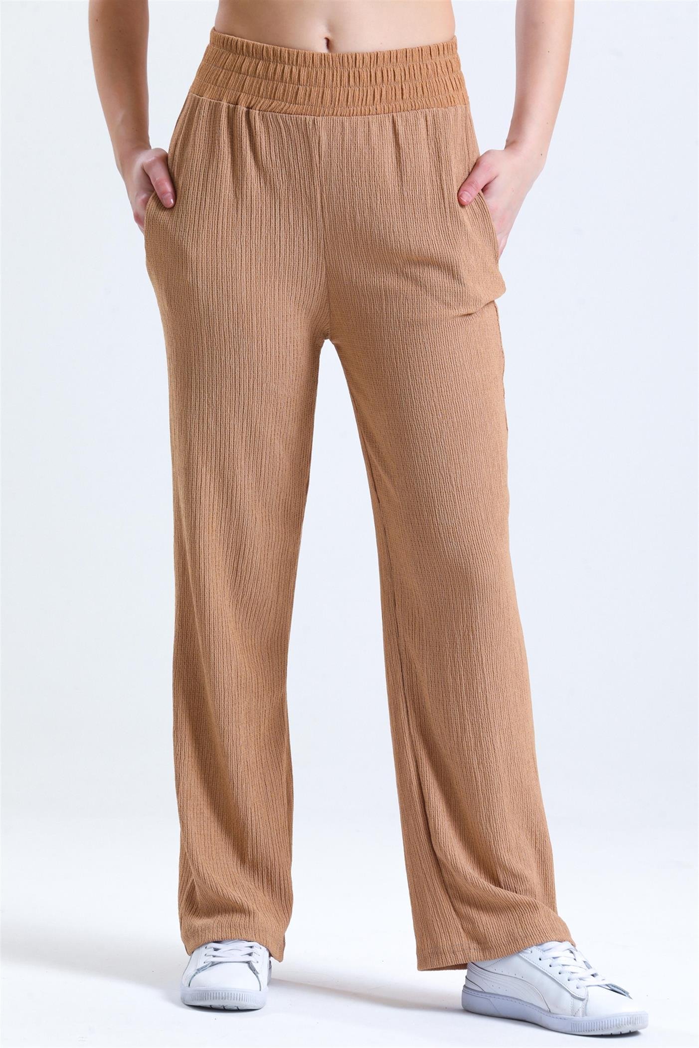 Bel Lastikli Gofre Yüksek Bel Salaş Palazzo Pantolon - Sütlü Kahve