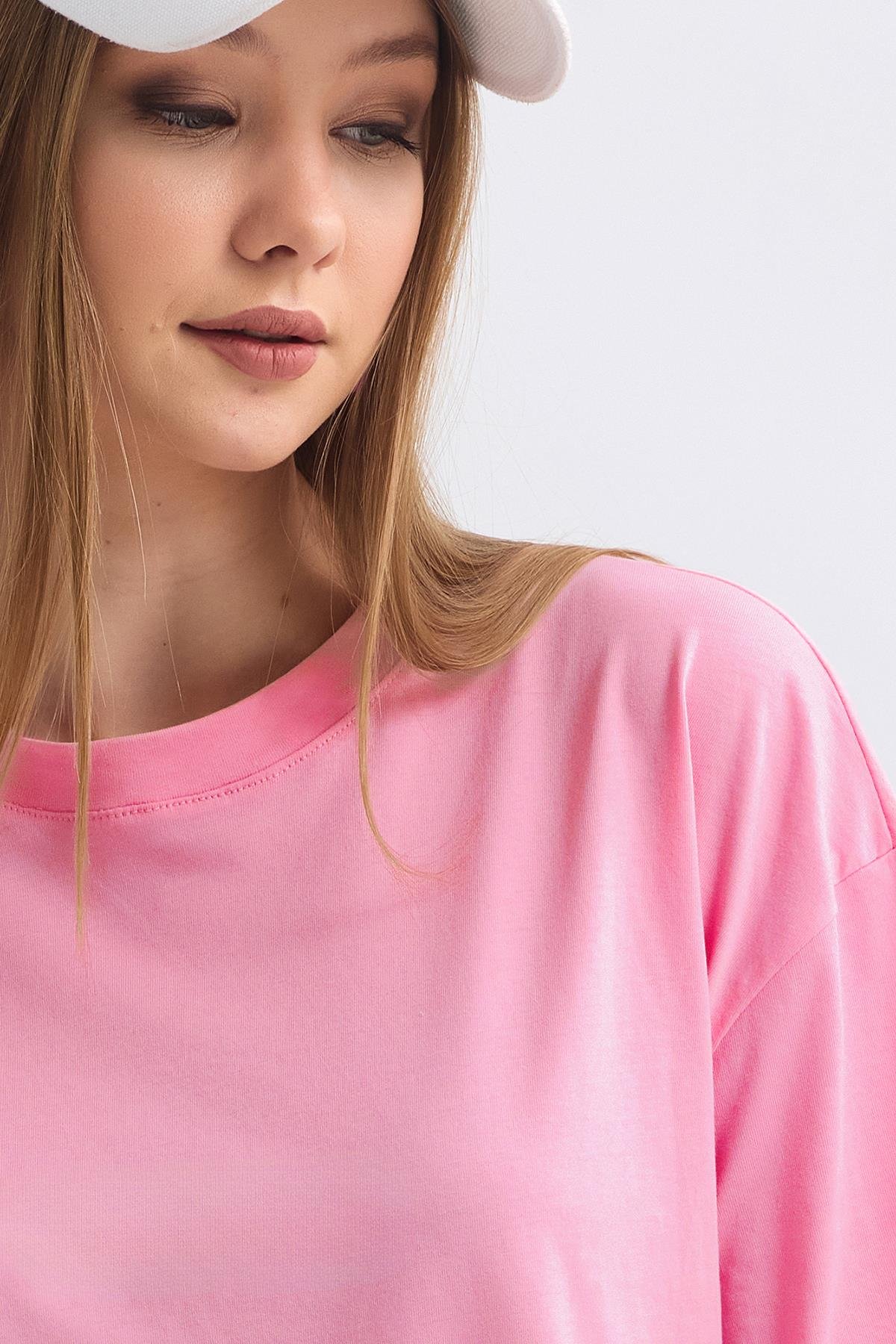 Bisiklet Yaka %100 Pamuk Basic Oversize Tişört - Pembe
