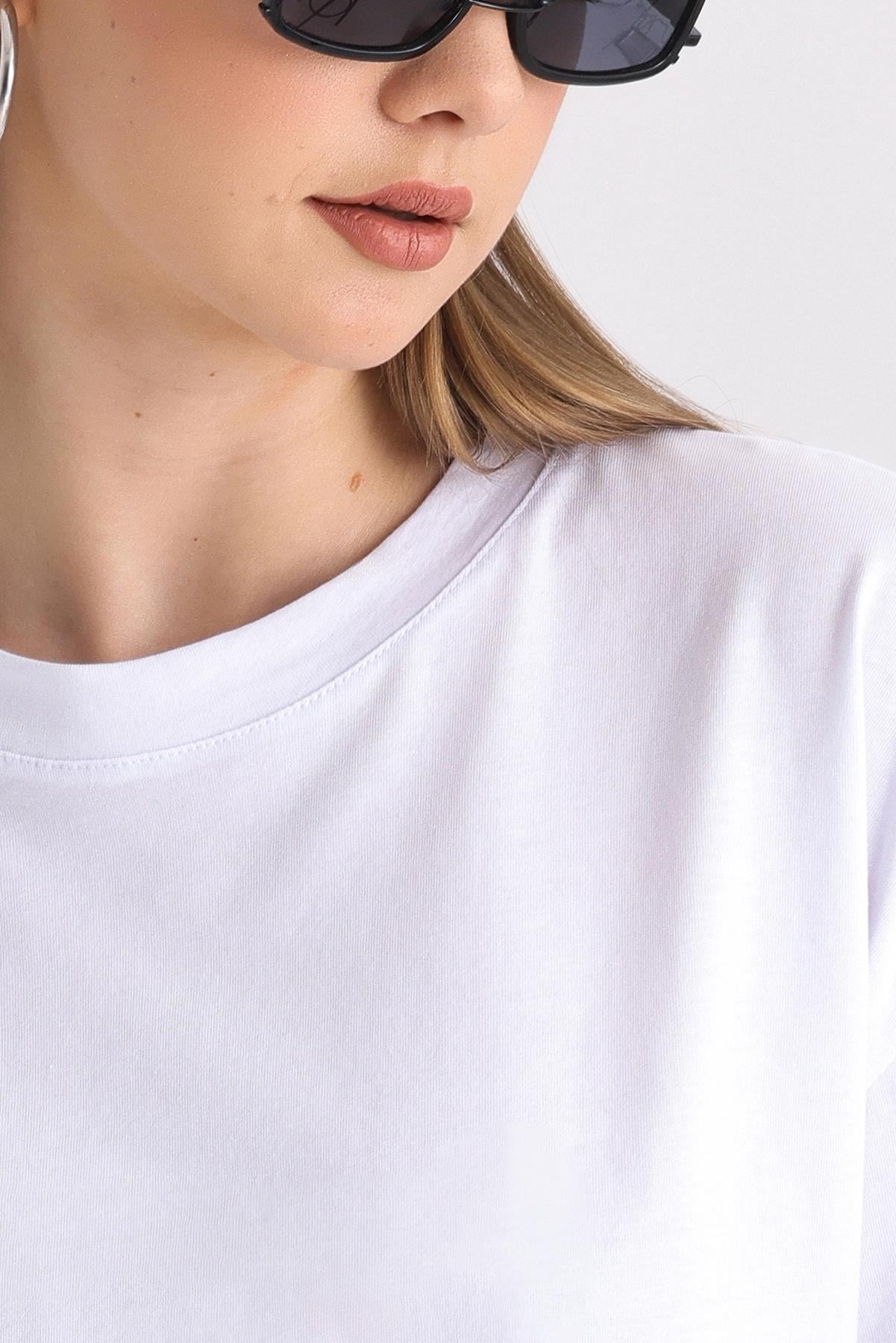 Bisiklet Yaka %100 Pamuk Basic Oversize Tişört - Beyaz