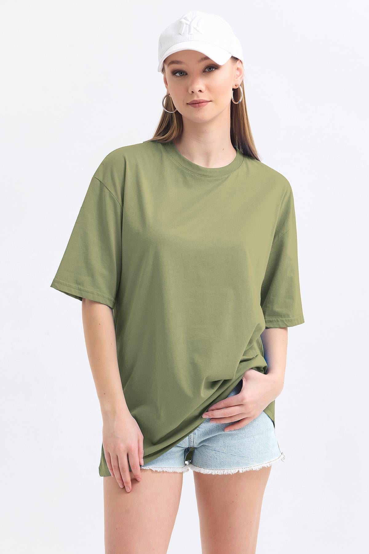 Bisiklet Yaka %100 Pamuk Basic Oversize Tişört - Olive