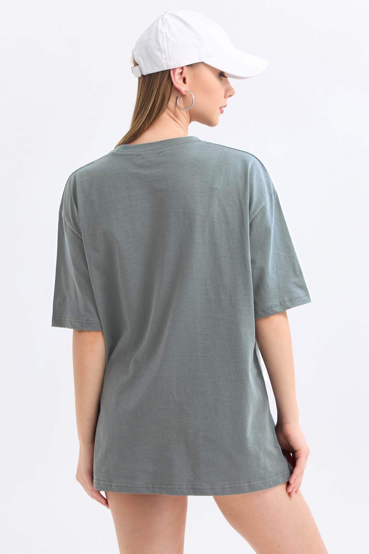 Bisiklet Yaka %100 Pamuk Basic Oversize Tişört - Gri