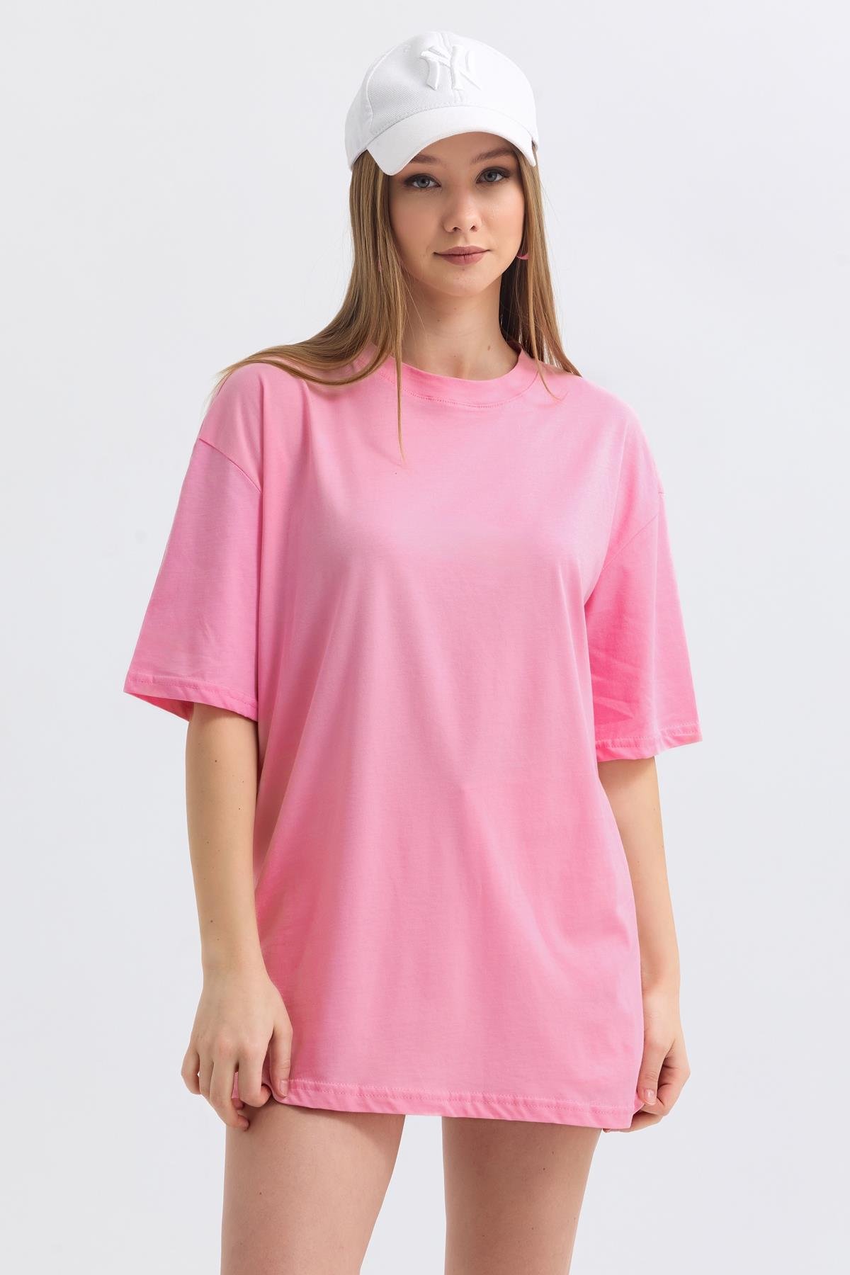Bisiklet Yaka %100 Pamuk Basic Oversize Tişört - Pembe