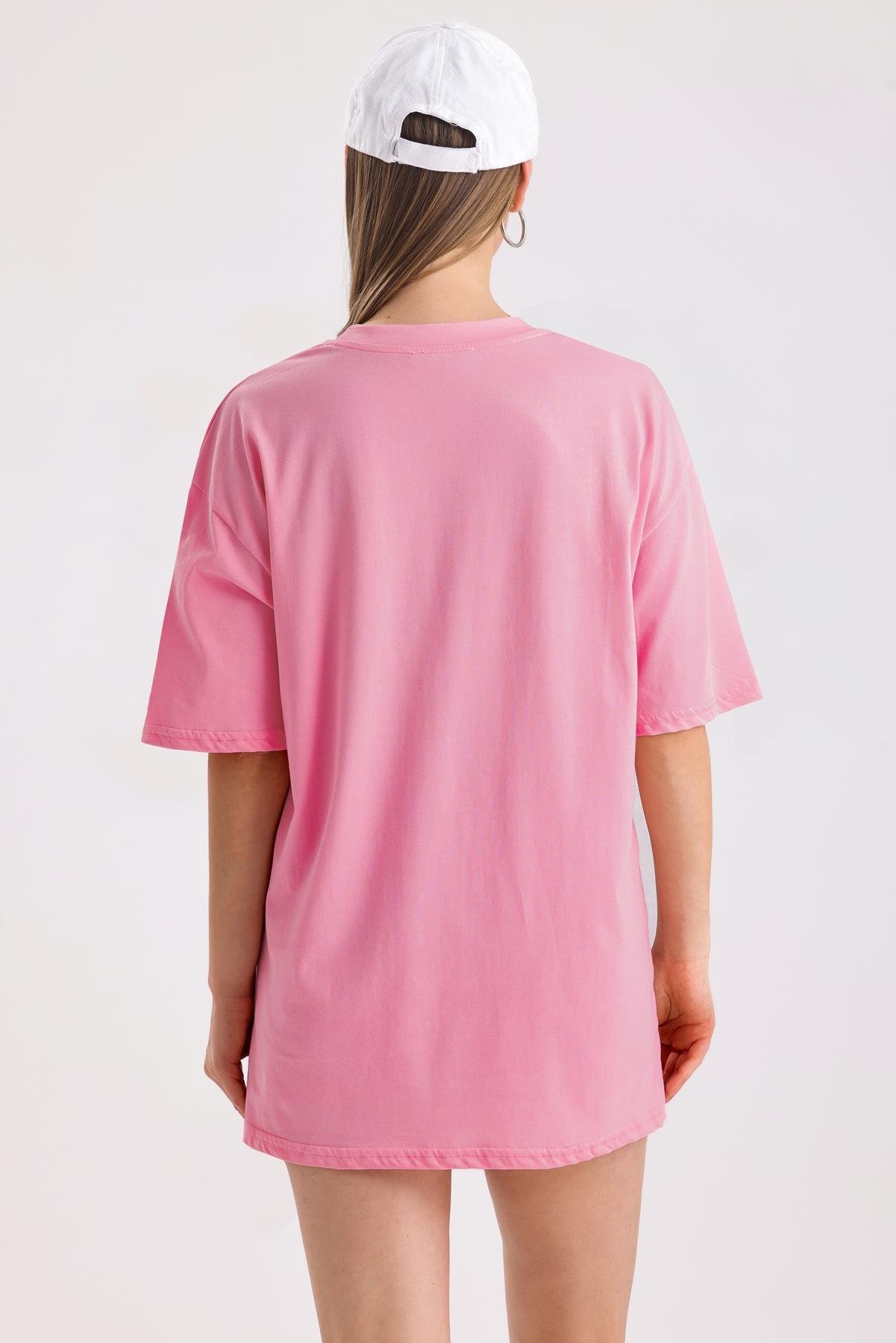 Bisiklet Yaka %100 Pamuk Basic Oversize Tişört - Pembe