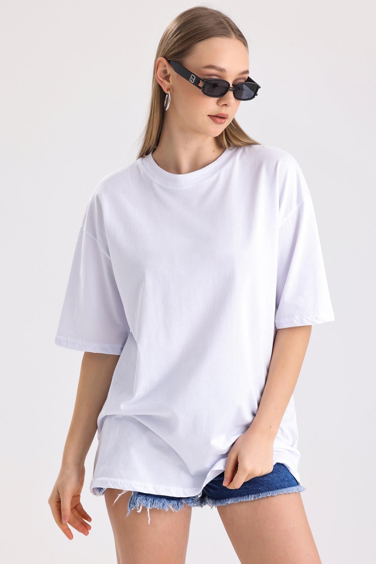 Bisiklet Yaka %100 Pamuk Basic Oversize Tişört - Beyaz