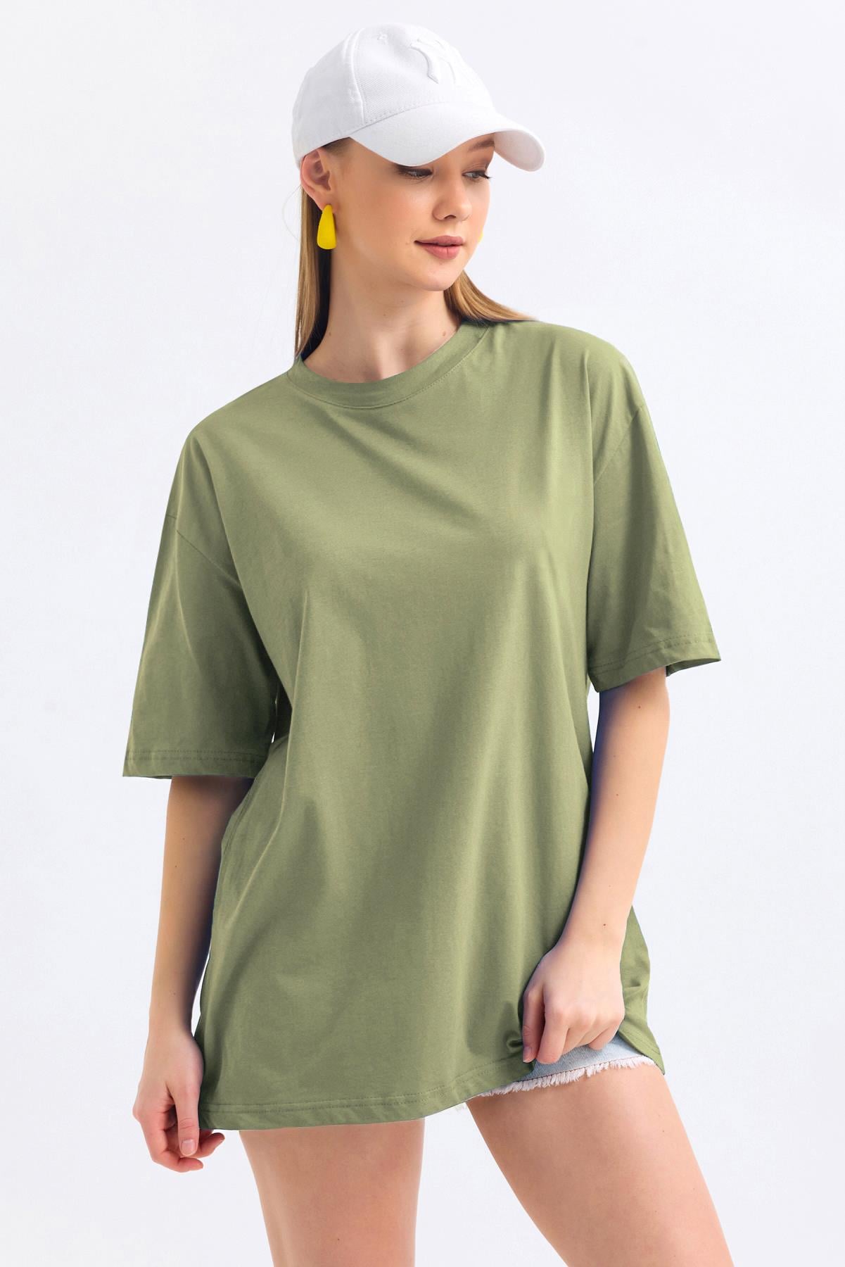 Bisiklet Yaka %100 Pamuk Basic Oversize Tişört - Olive