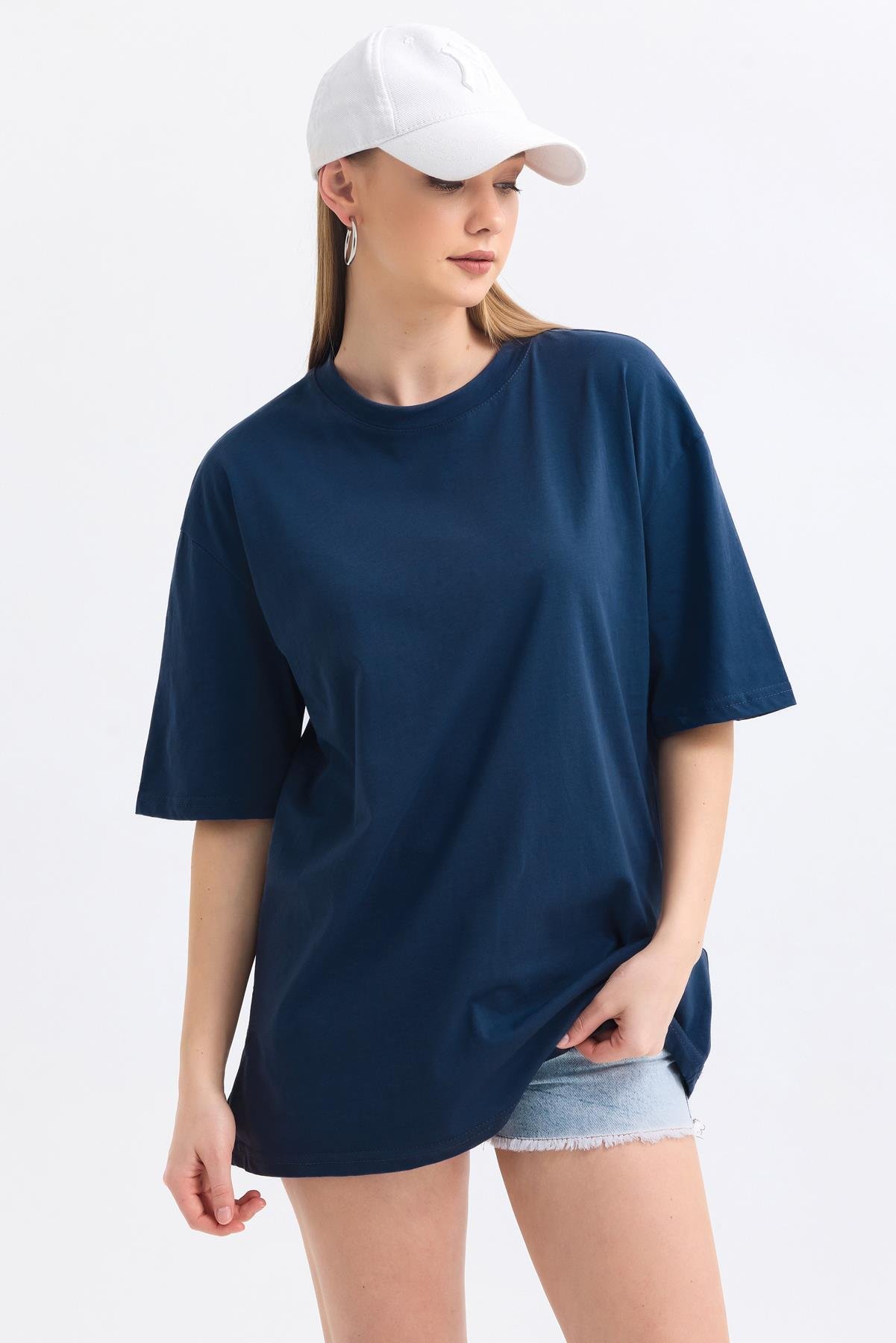 Bisiklet Yaka %100 Pamuk Basic Oversize Tişört - Lacivert