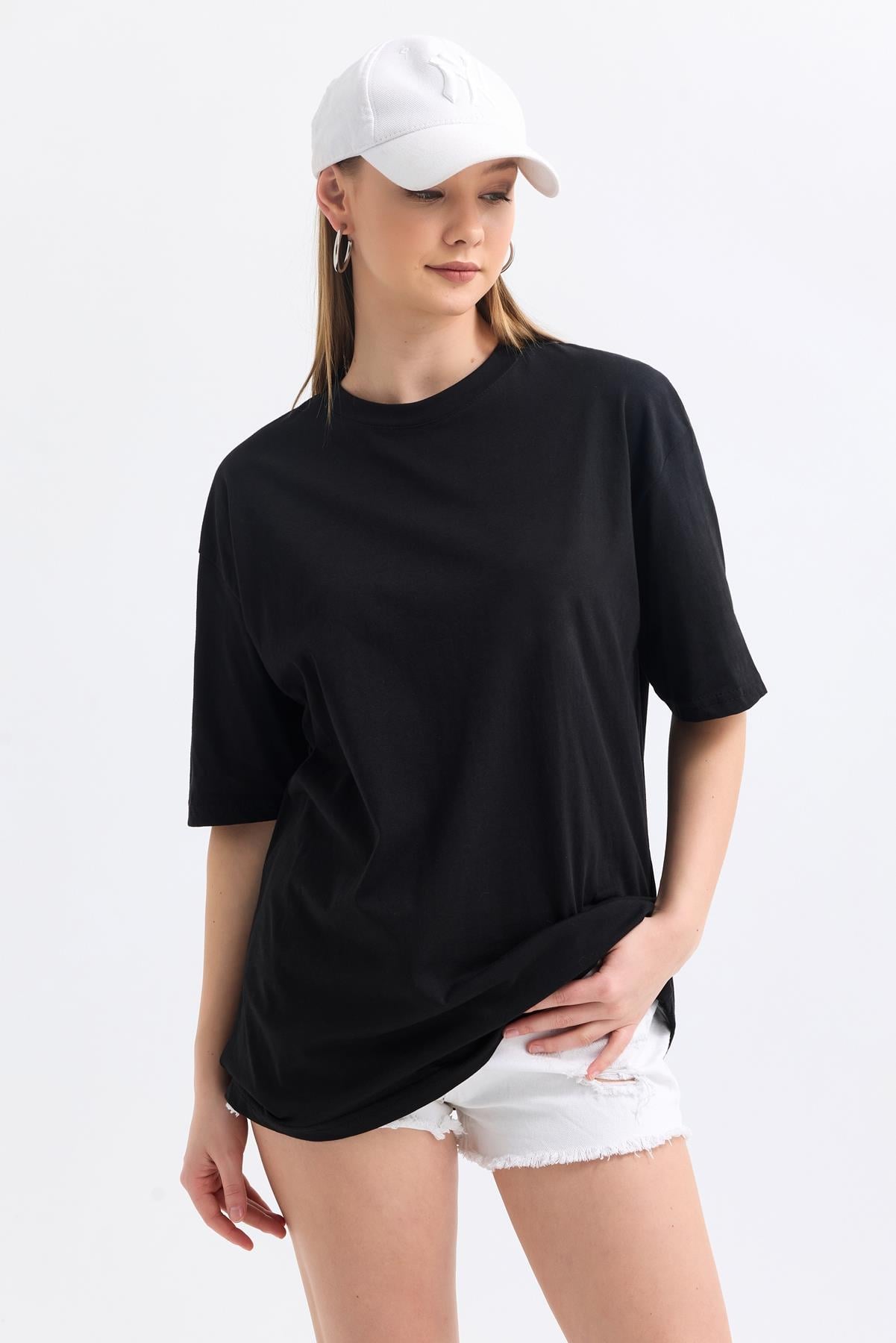 Bisiklet Yaka %100 Pamuk Basic Oversize Tişört - Siyah