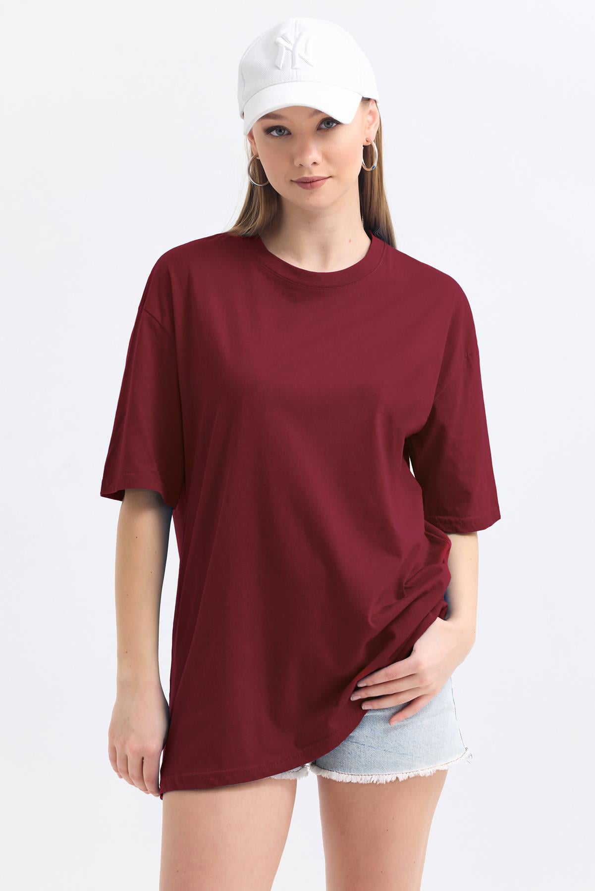 Bisiklet Yaka %100 Pamuk Basic Oversize Tişört - Bordo